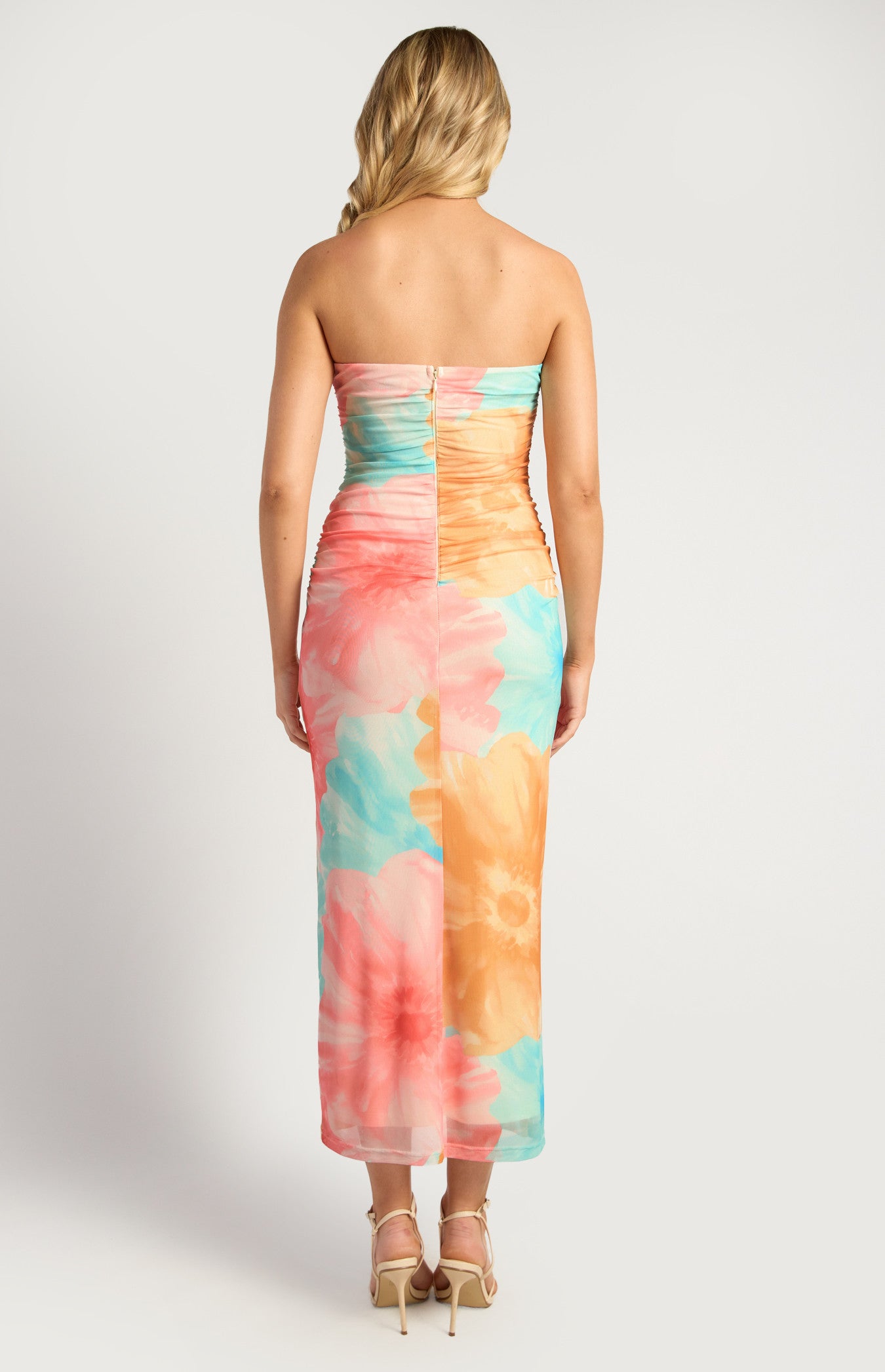 Contrast Floral Print Strapless Mesh Midi Dress