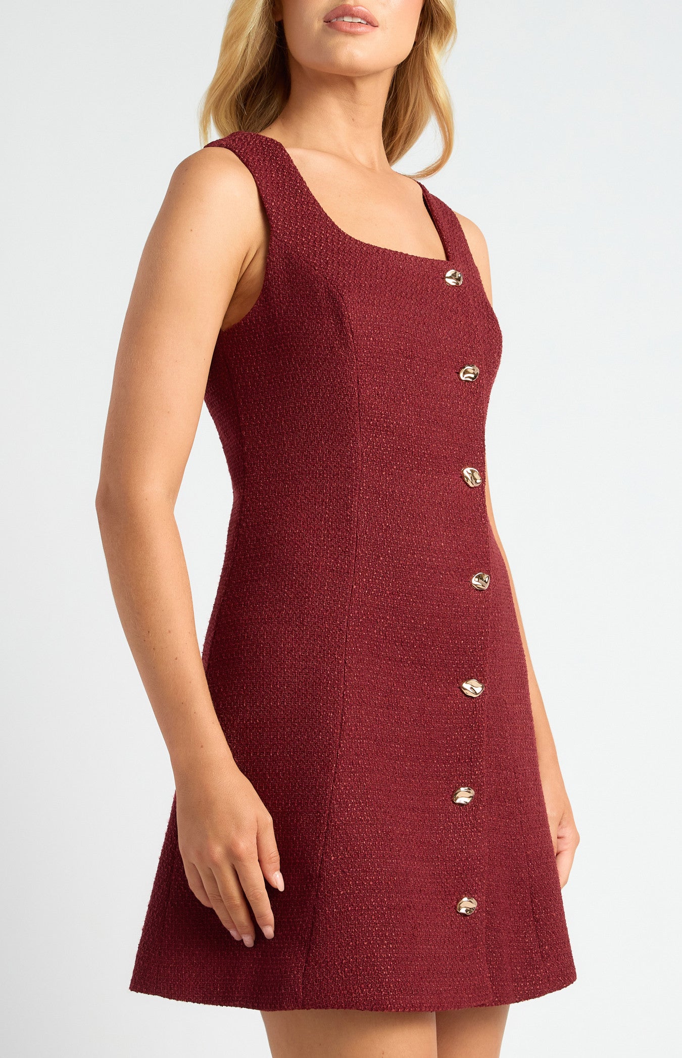 Tweed A-Line Mini Dress with Embossed Gold Buttons CITRINE & CIPHER Tweed A-Line Mini Dress with Embossed Gold Buttons CITRINE & CIPHER