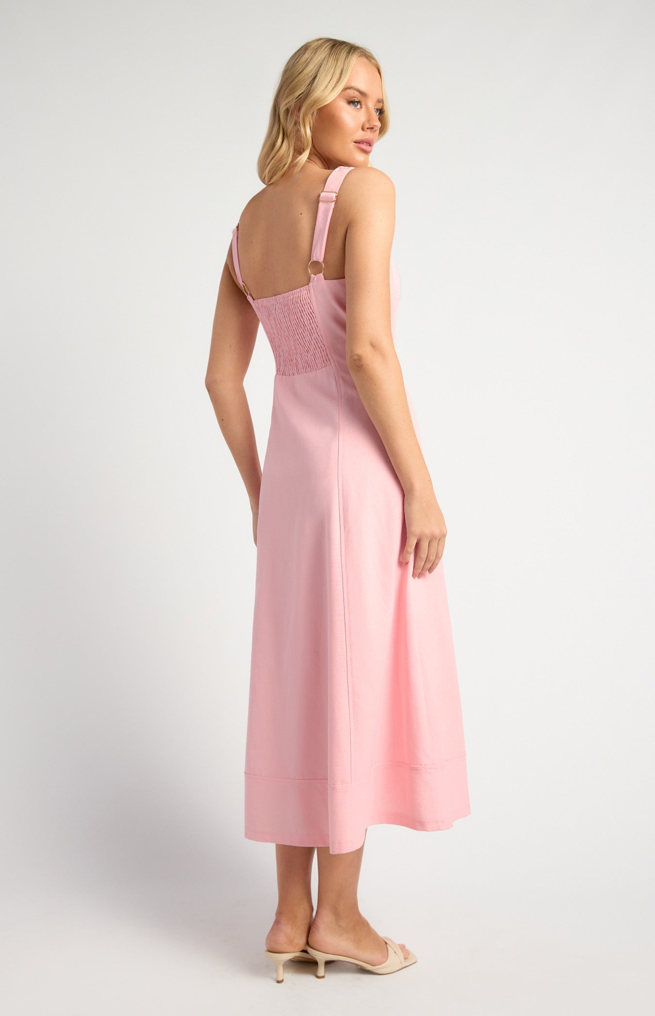 Cotton Linen Panel Detail Midi Dress with Centre Front Zip