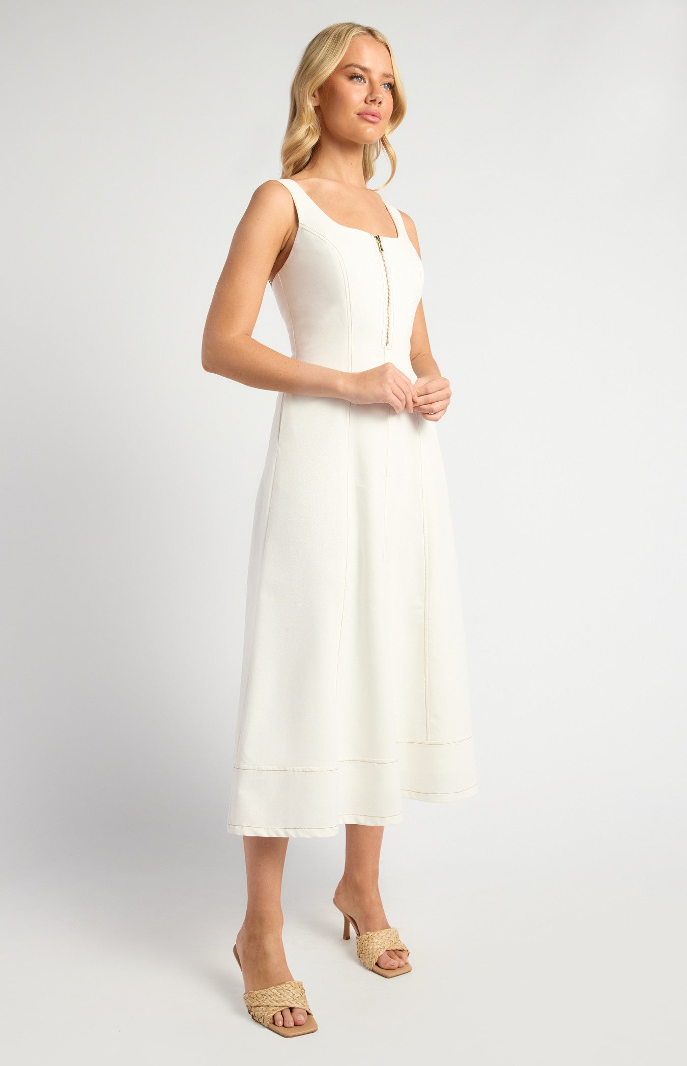 Cotton Linen Panel Detail Midi Dress with Centre Front Zip