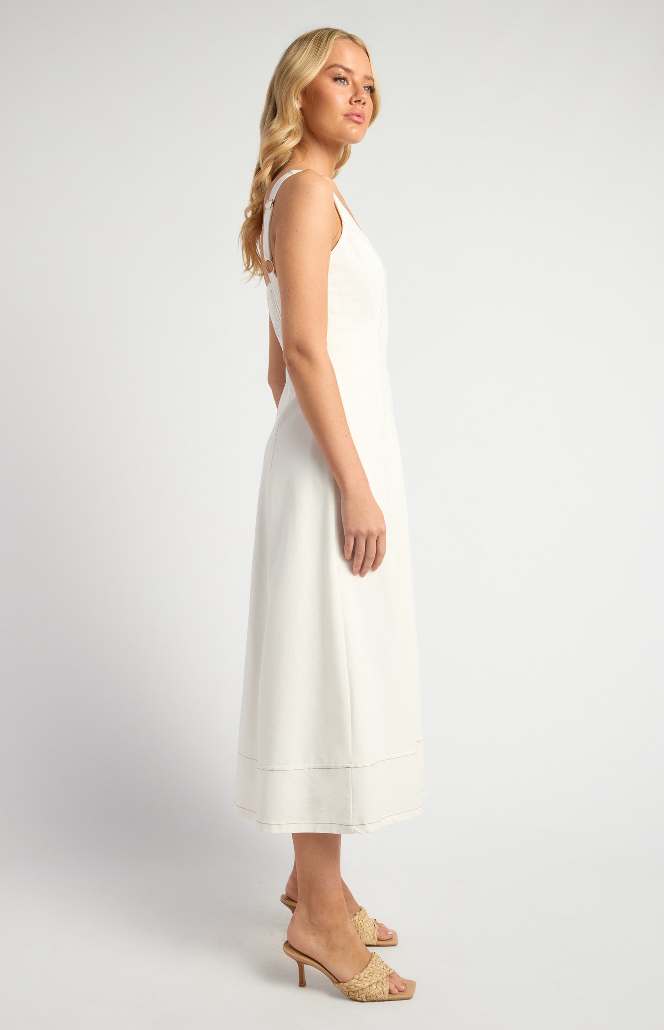 Cotton Linen Panel Detail Midi Dress with Centre Front Zip