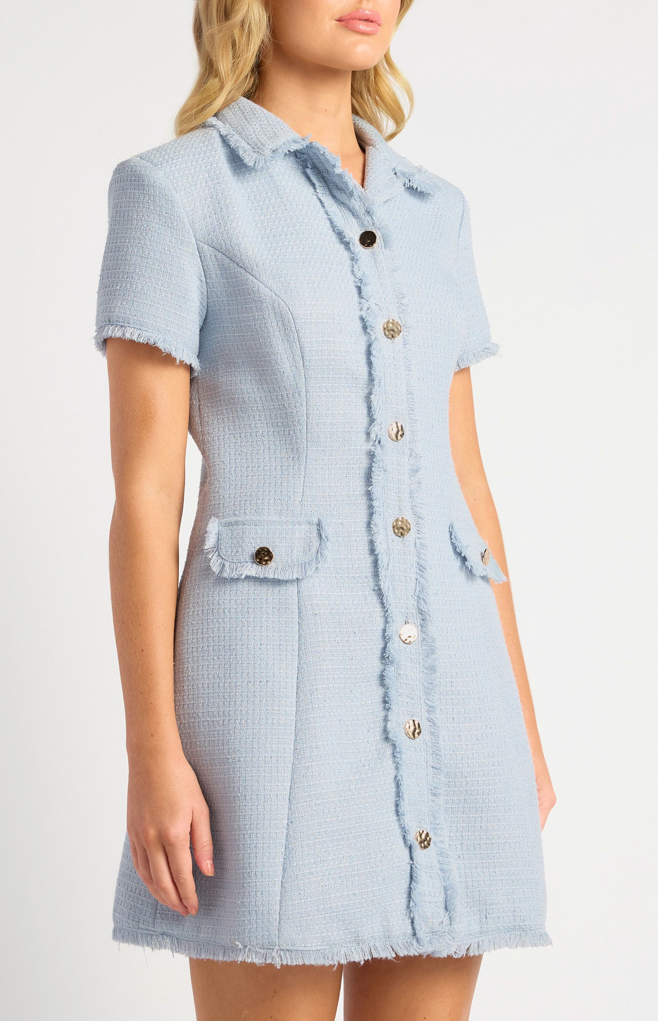 Gold Button Feature Fray Detail Collared Tweed Dress CITRINE & CIPHER Gold Button Feature Fray Detail Collared Tweed Dress CITRINE & CIPHER