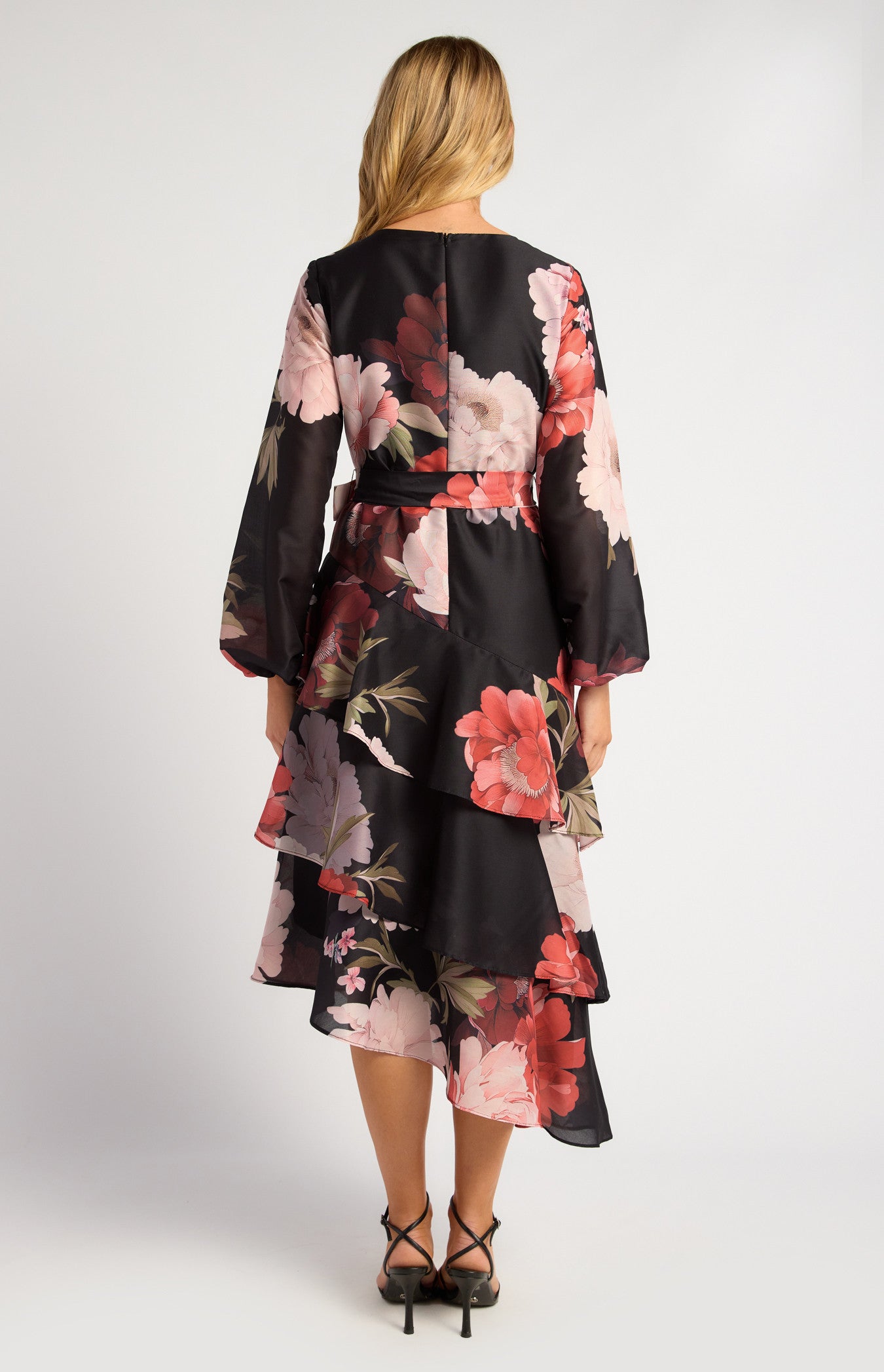 Exclusive Floral Print Asymmetric Tiered Hem Midi Dress