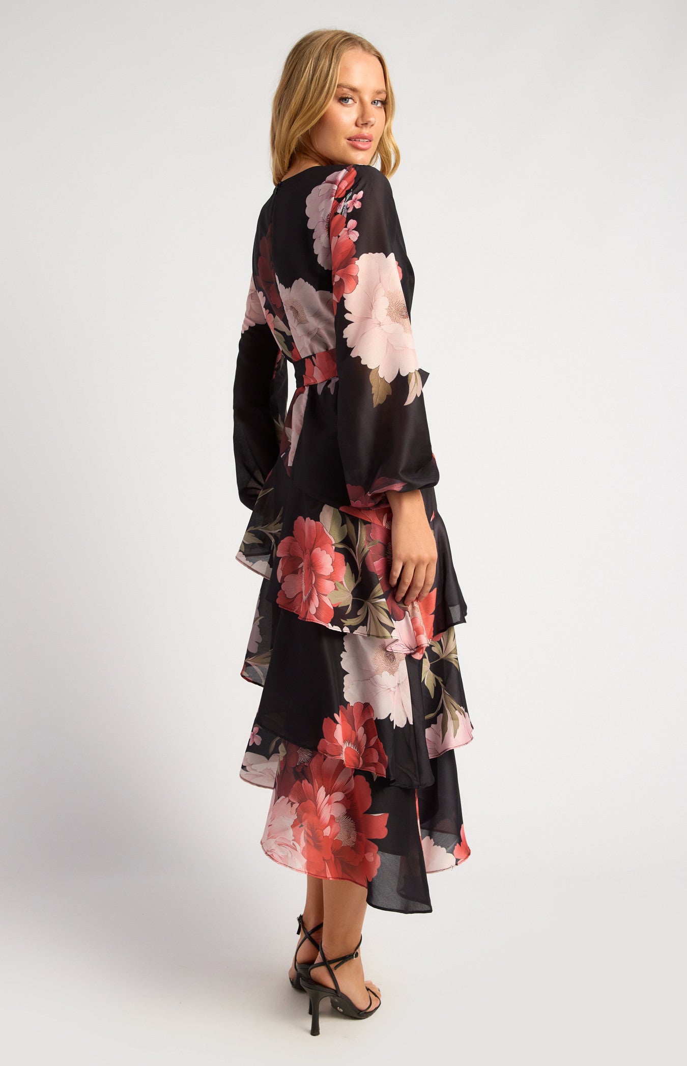 Exclusive Floral Print Asymmetric Tiered Hem Midi Dress