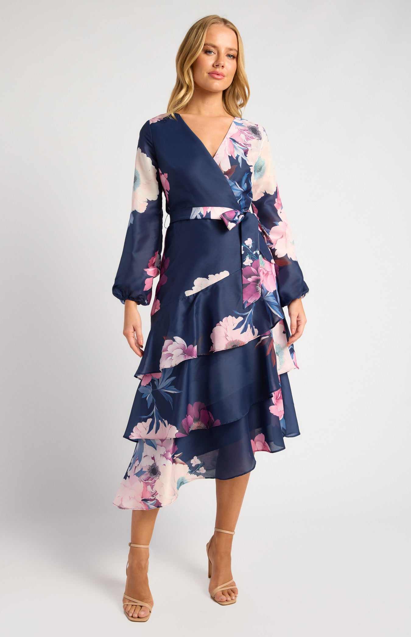 Exclusive Floral Print Asymmetric Tiered Hem Midi Dress