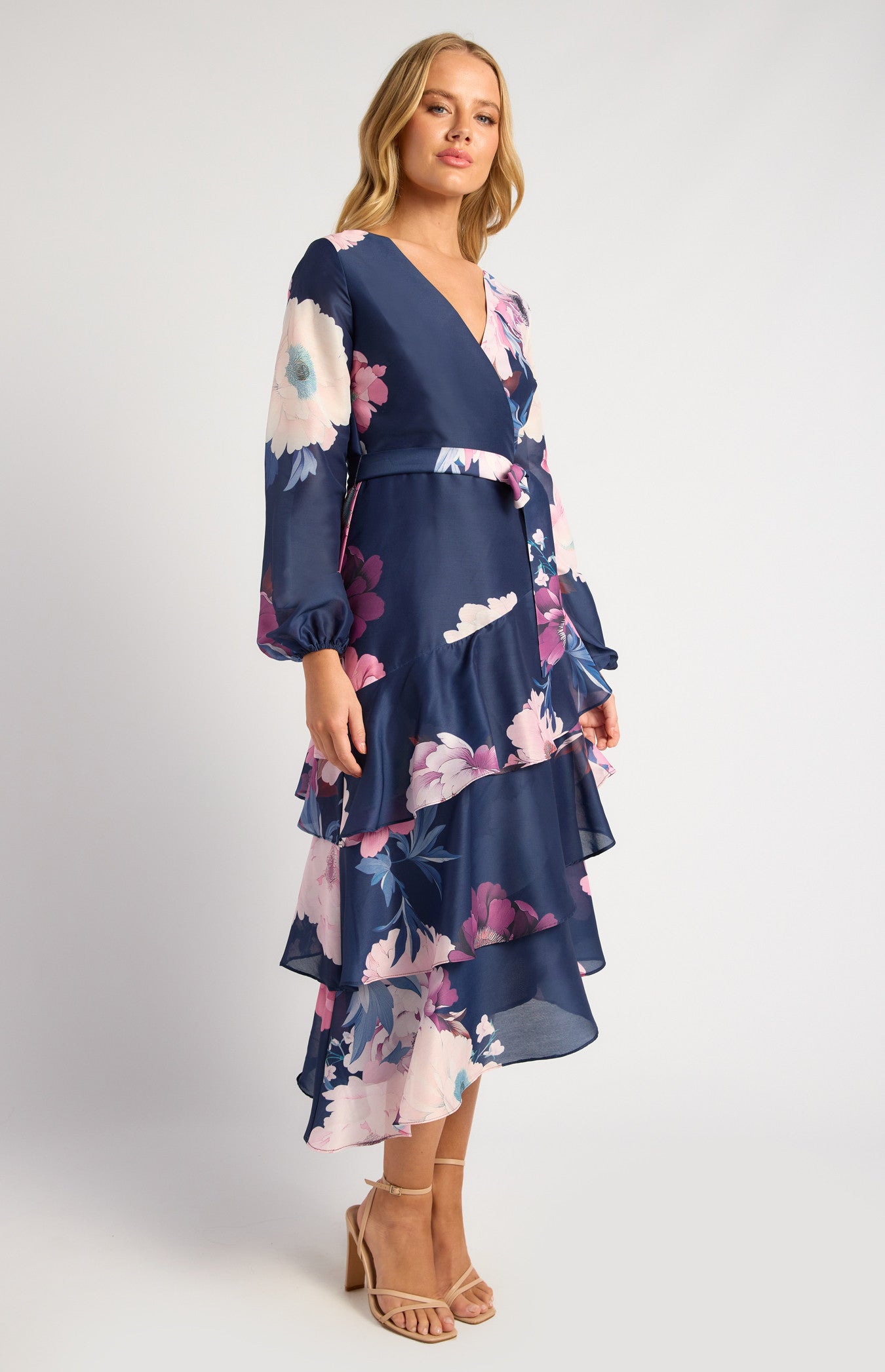 Exclusive Floral Print Asymmetric Tiered Hem Midi Dress