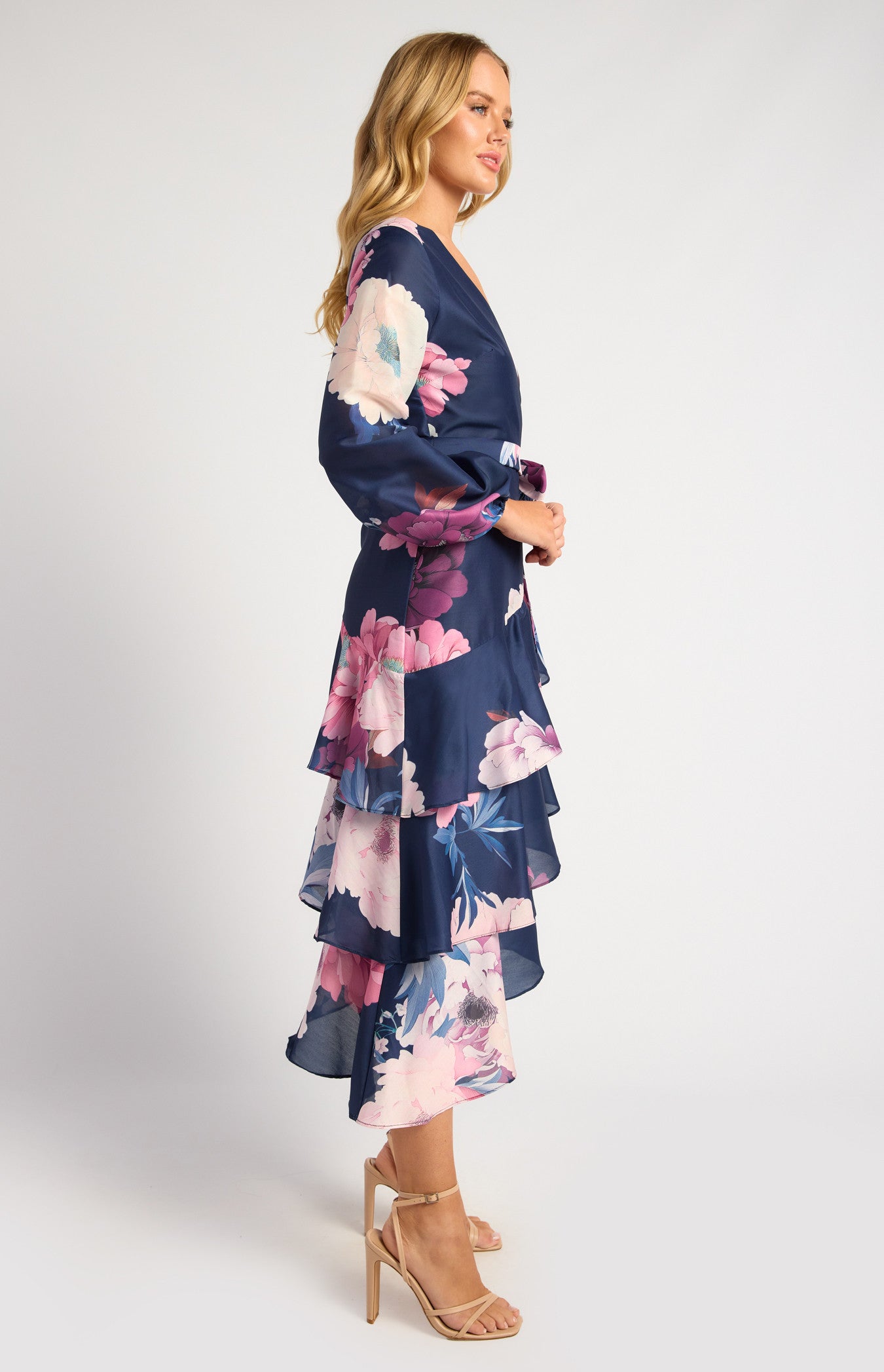 Exclusive Floral Print Asymmetric Tiered Hem Midi Dress