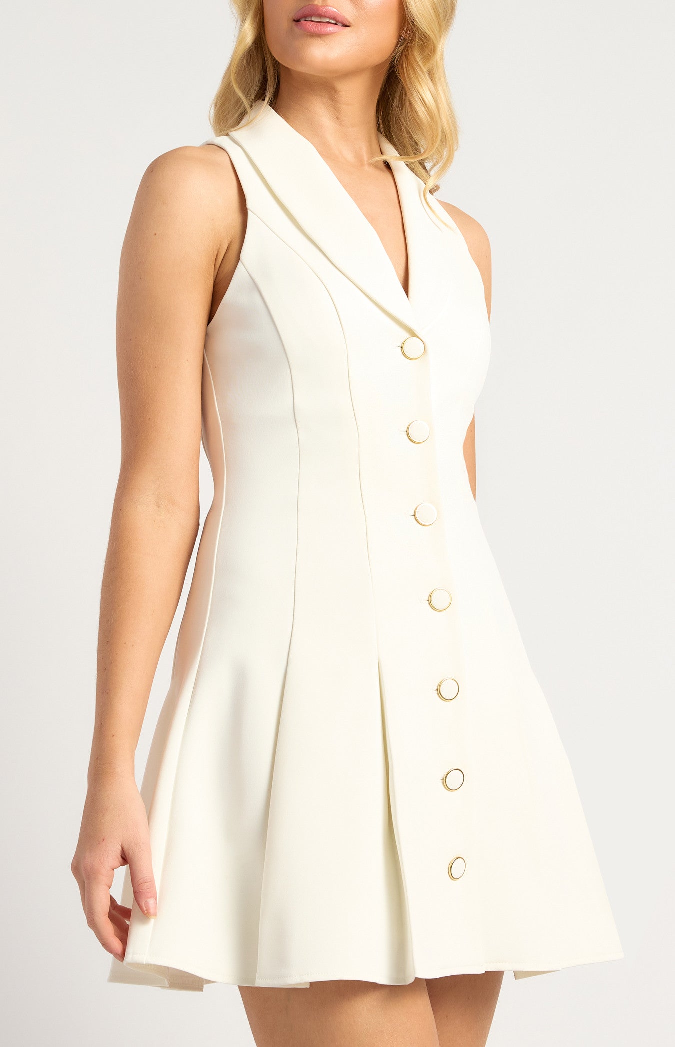 Curved Lapel Gold Accent Buttons Pleated Hem Dress