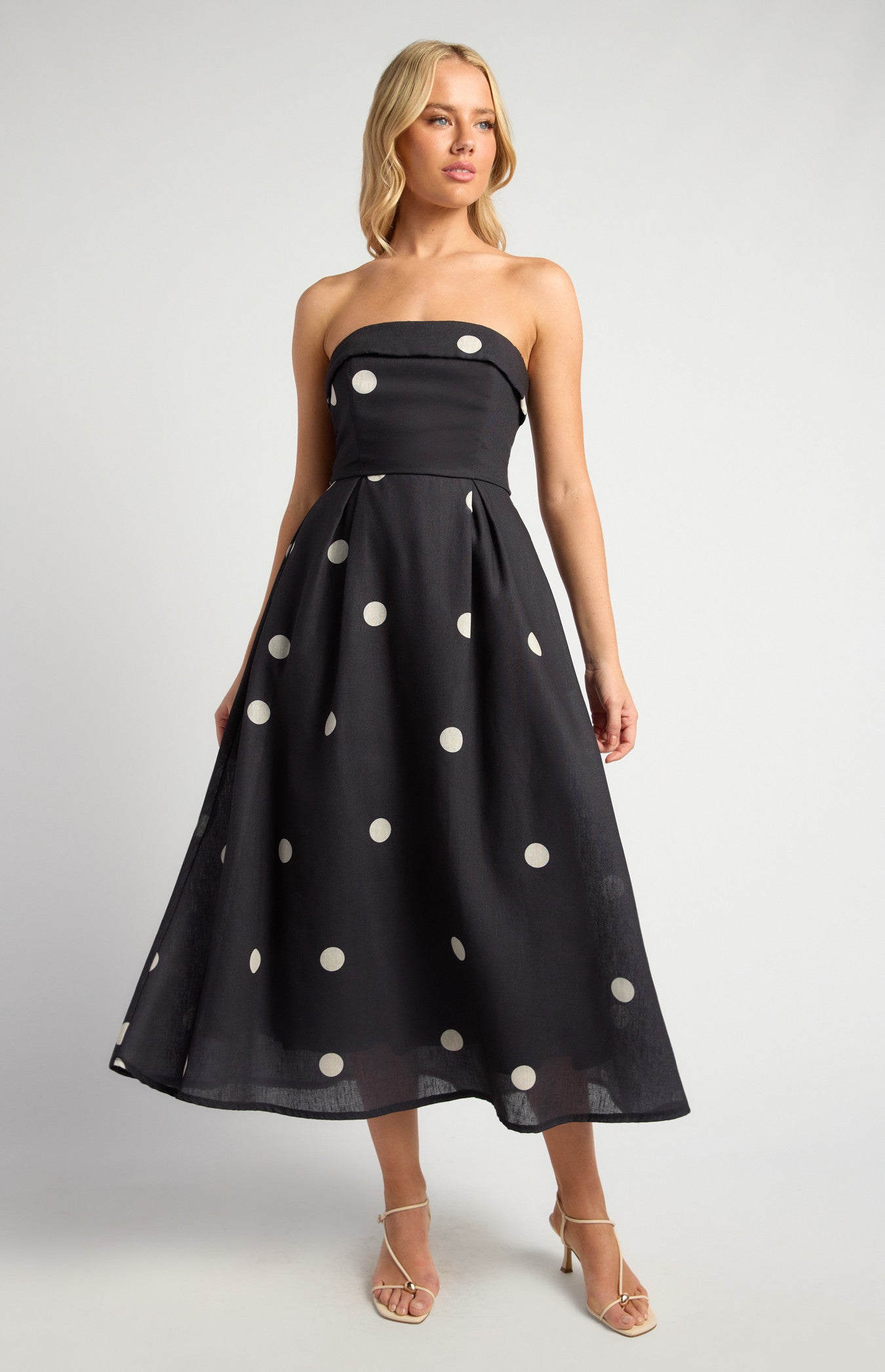 Polkadot Folded Neckline Midi Dress with Pockets