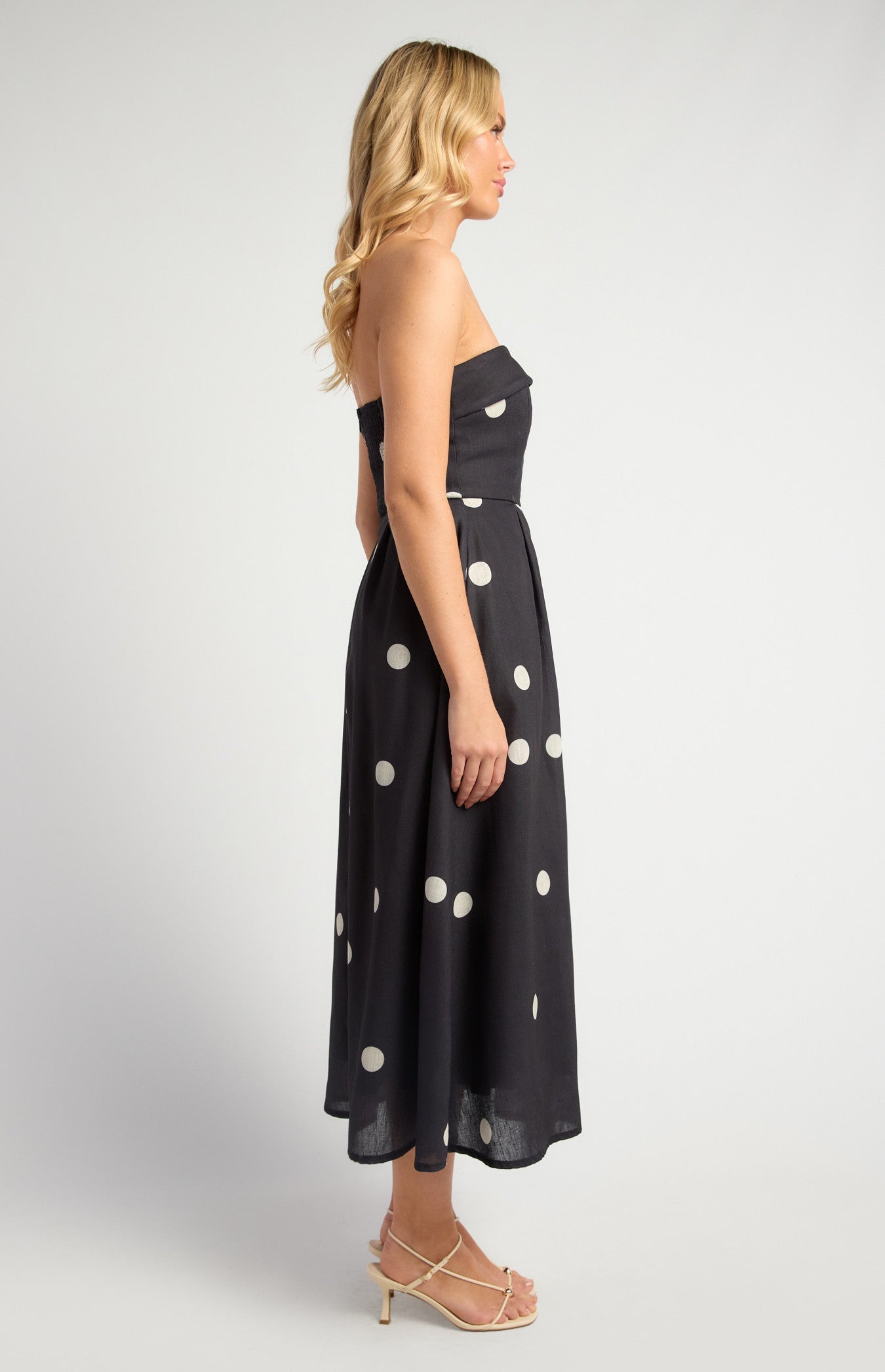 Polkadot Folded Neckline Midi Dress with Pockets