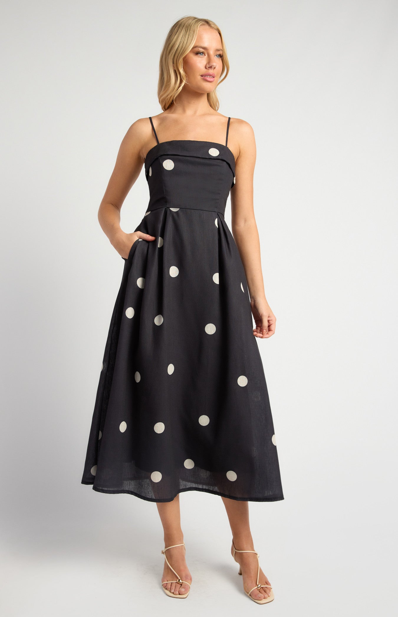 Polkadot Folded Neckline Midi Dress with Pockets