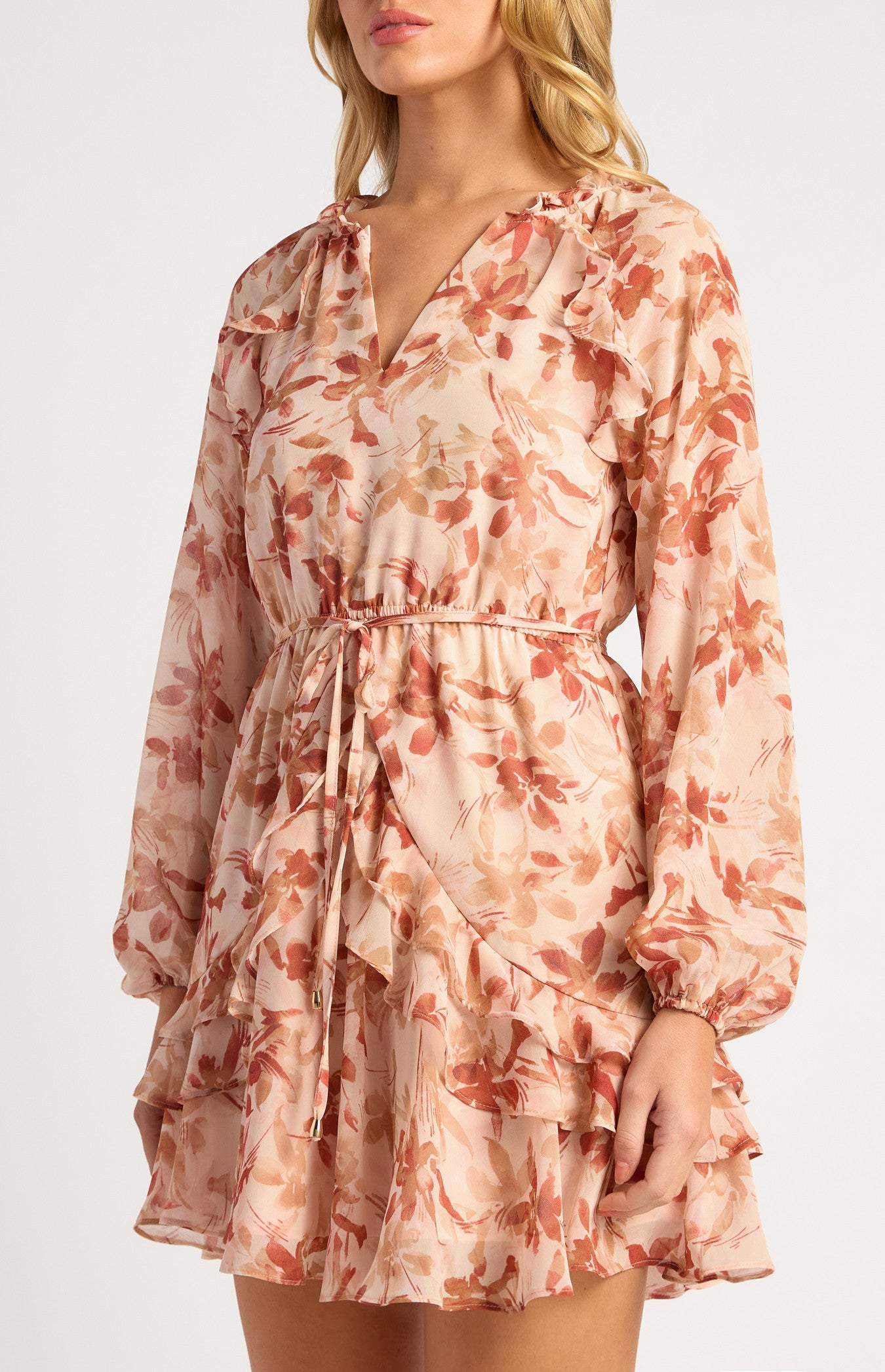 Floral Print Chiffon Dress with Elastic Waist and Ruffle