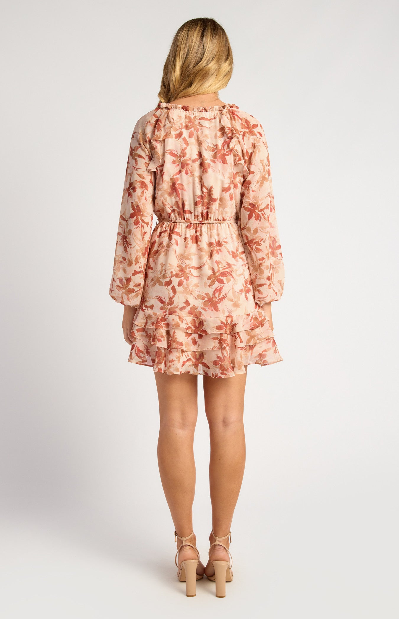 Floral Print Chiffon Dress with Elastic Waist and Ruffle