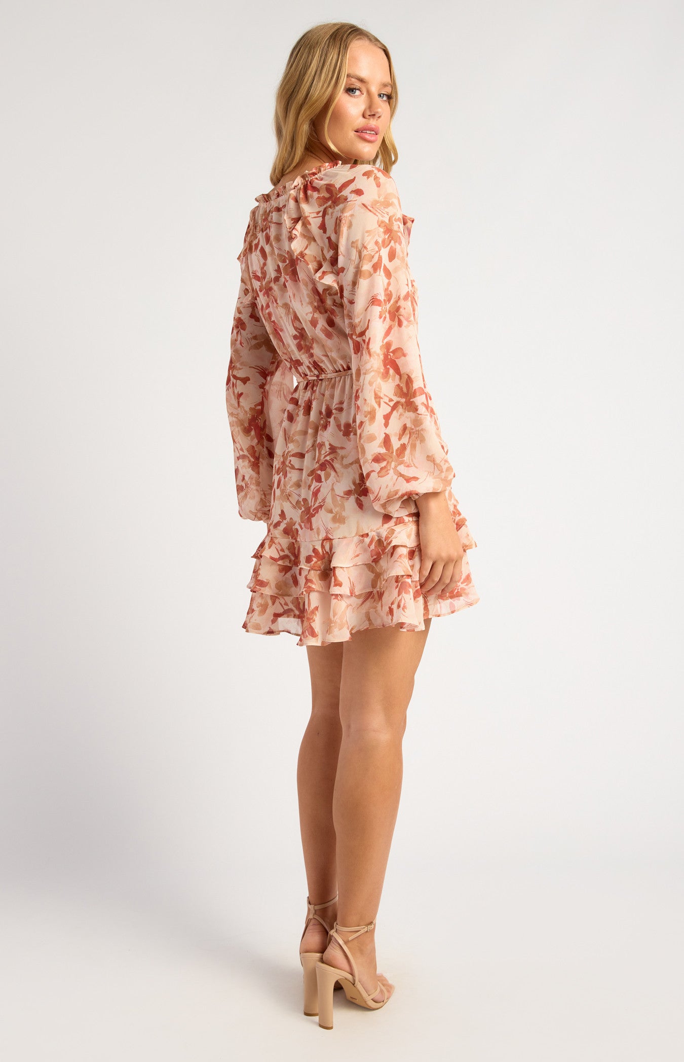 Floral Print Chiffon Dress with Elastic Waist and Ruffle