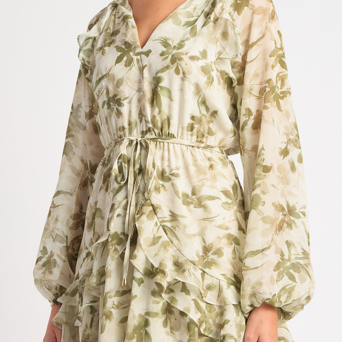 Floral Print Chiffon Dress with Elastic Waist and Ruffle