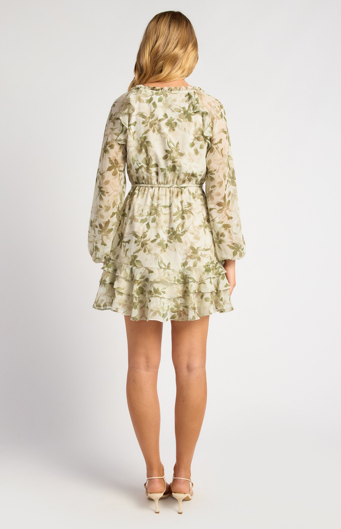 Floral Print Chiffon Dress with Elastic Waist and Ruffle