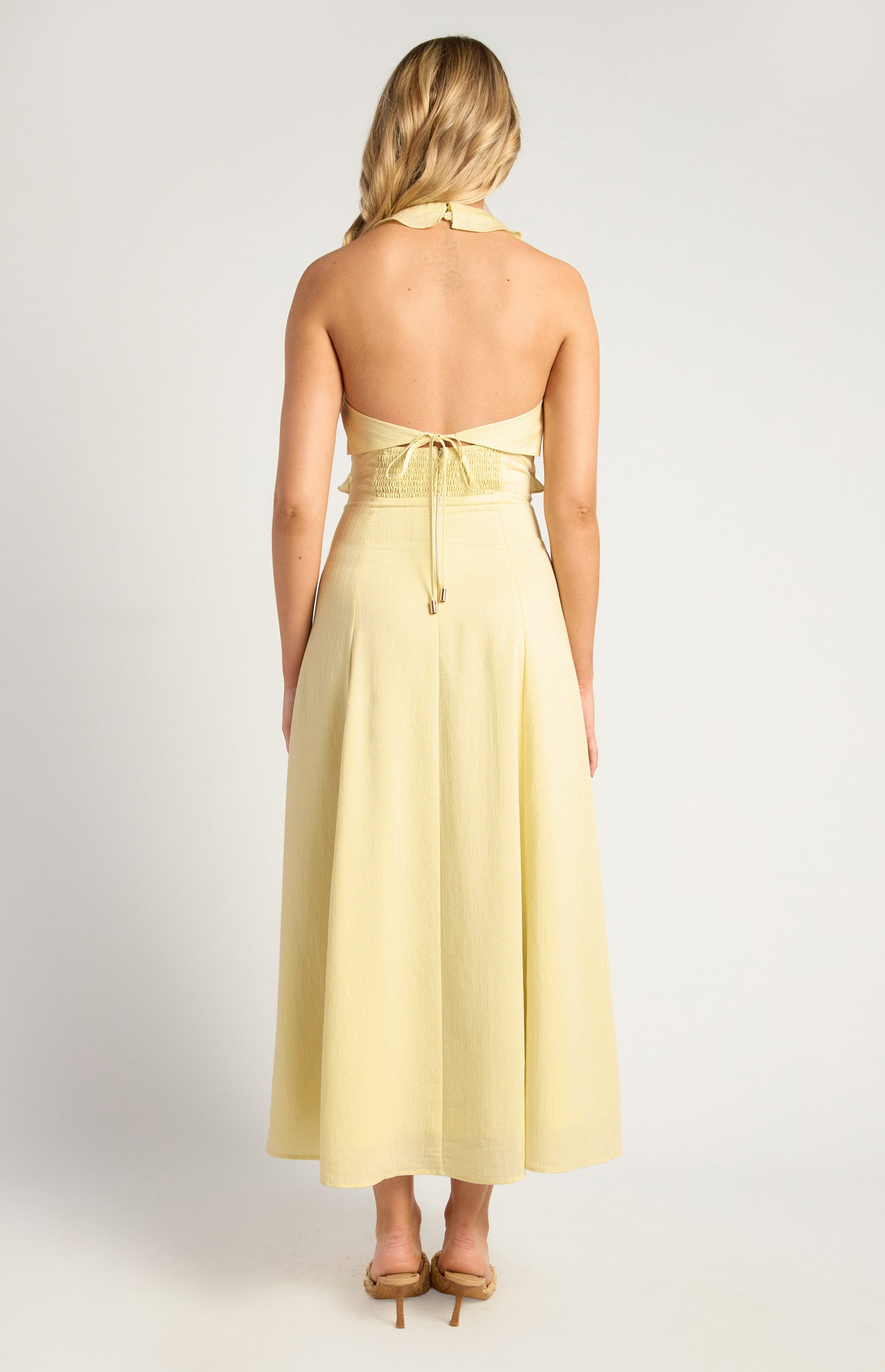 Frill Neckline Midi Dress with Gold Toggle Tie-Back Detail
