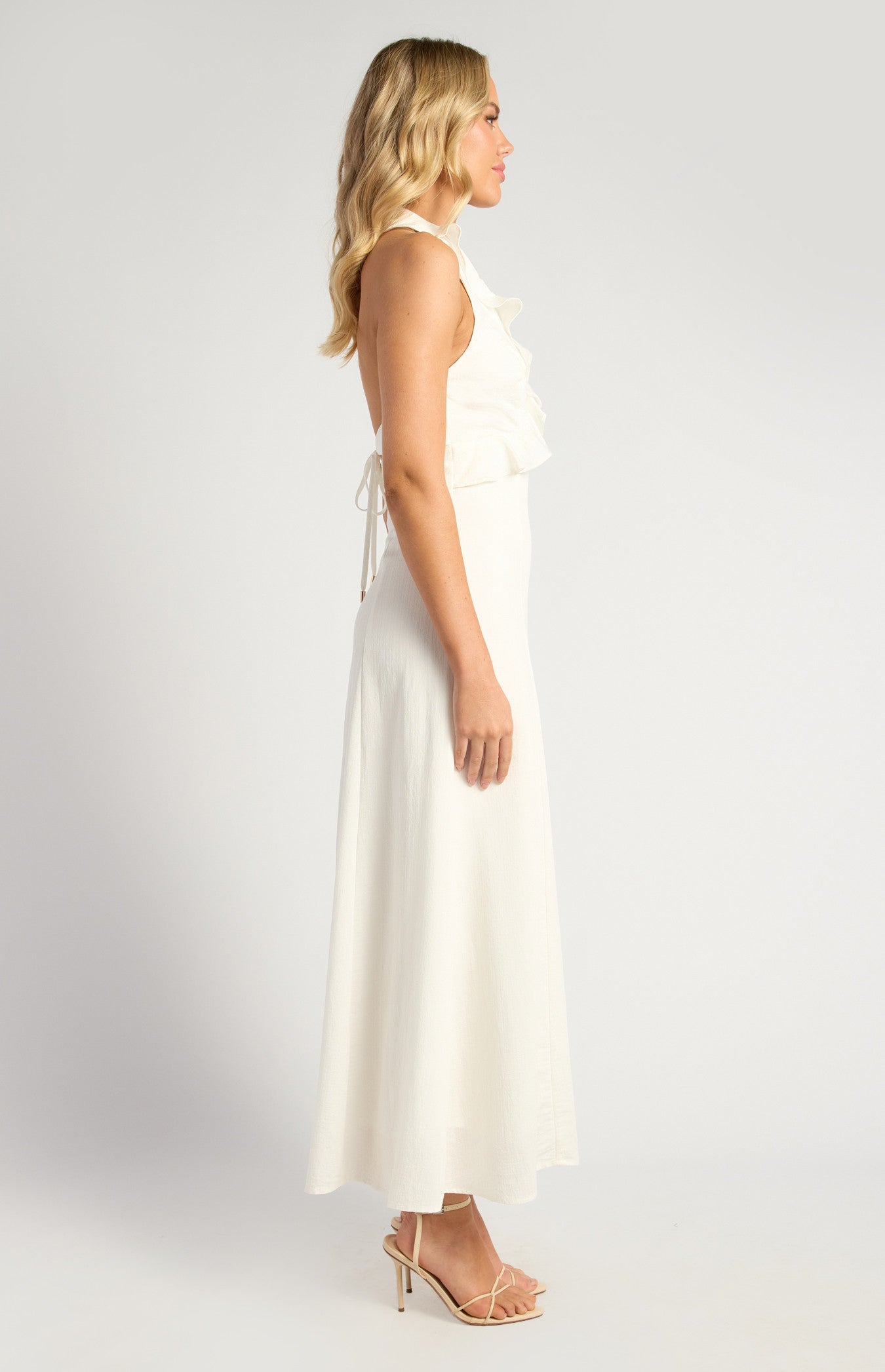 Frill Neckline Midi Dress with Gold Toggle Tie-Back Detail