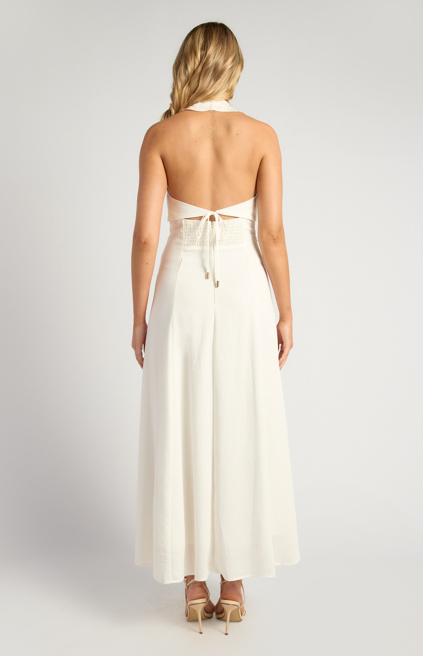 Frill Neckline Midi Dress with Gold Toggle Tie-Back Detail