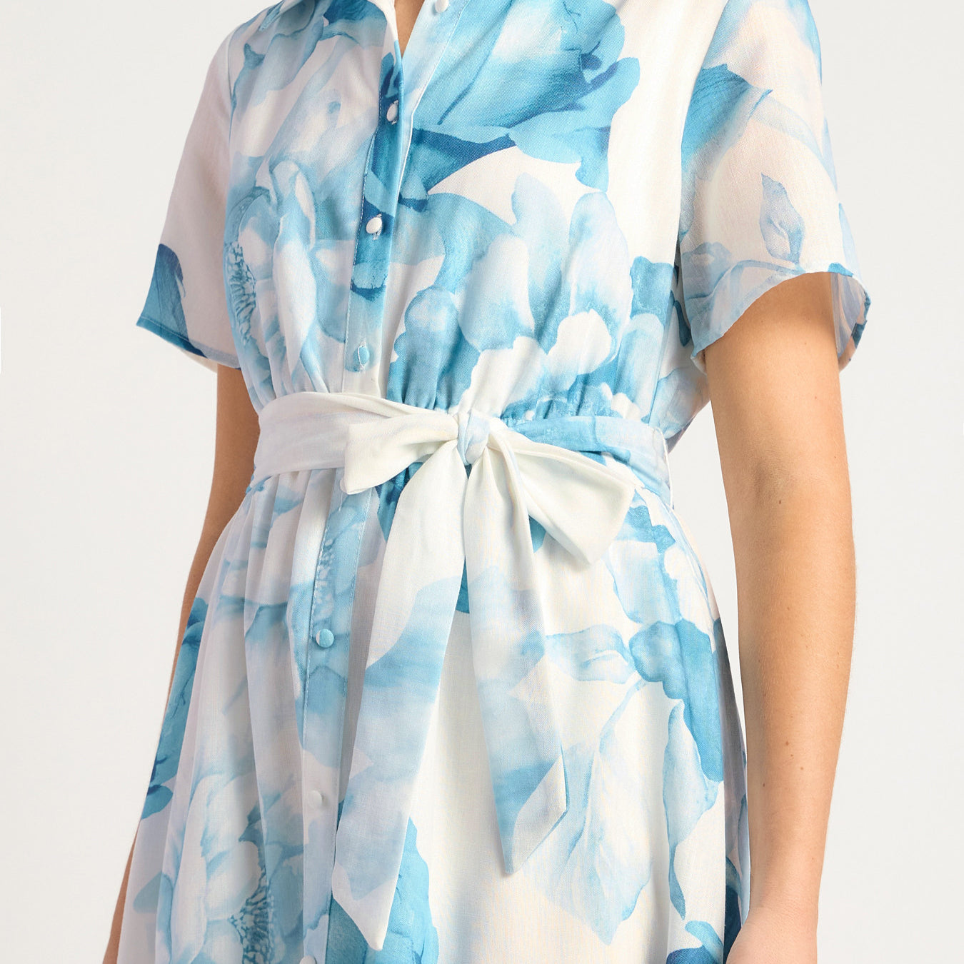 Faux Linen Floral Print Midi Shirt Dress with Waist Tie
