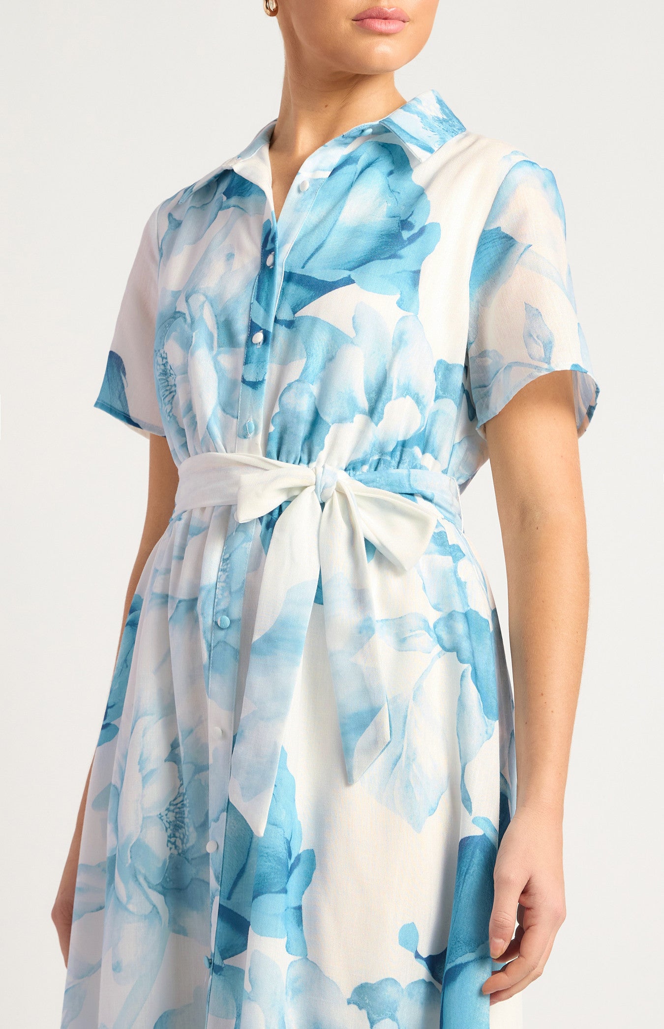 Faux Linen Floral Print Midi Shirt Dress with Waist Tie