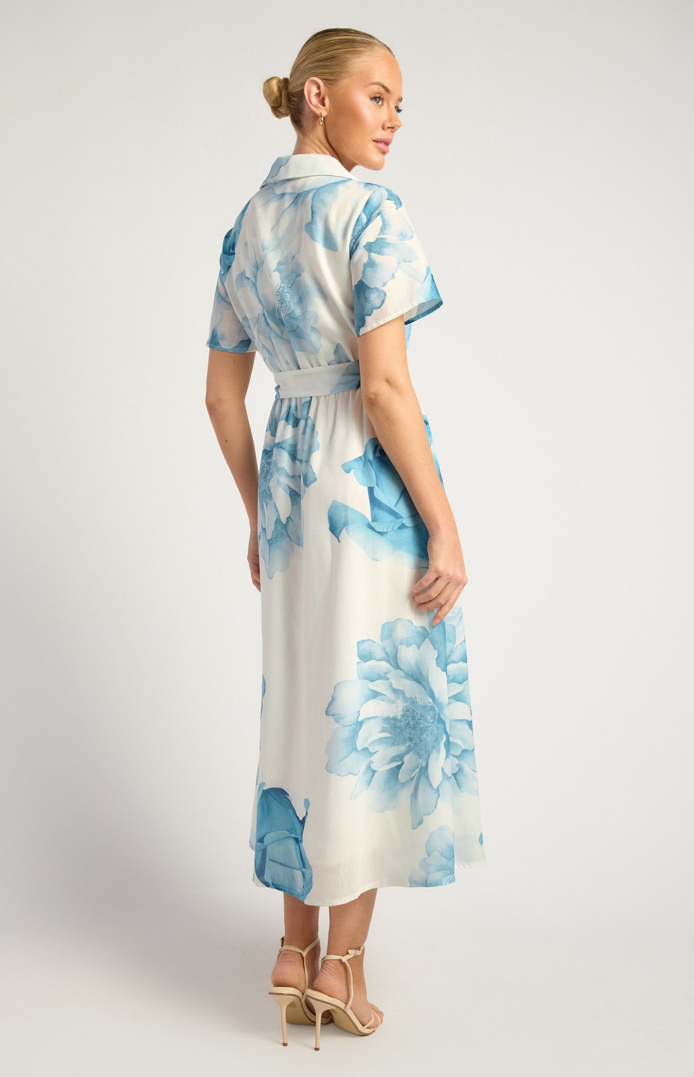 Faux Linen Floral Print Midi Shirt Dress with Waist Tie