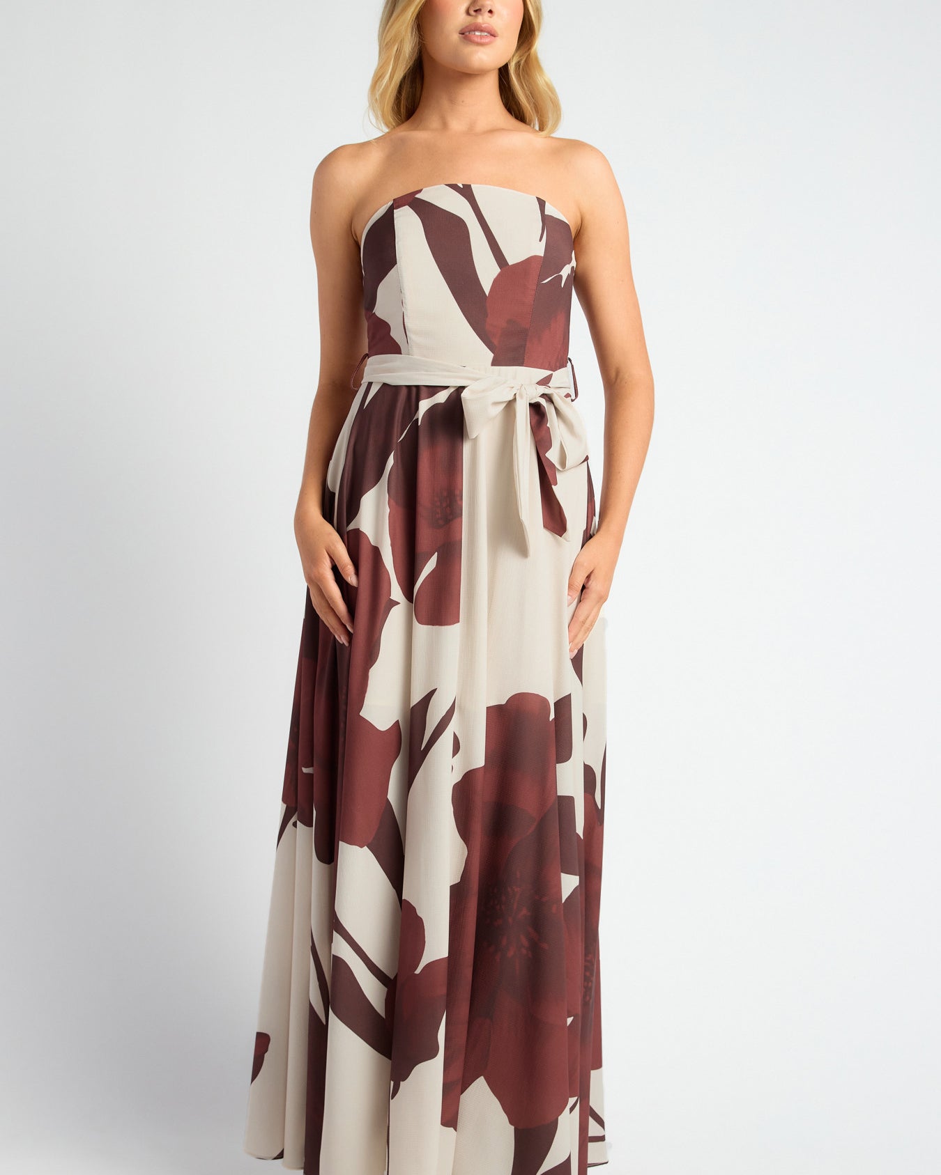 Floral Strapless Maxi Dress with Waist Tie
