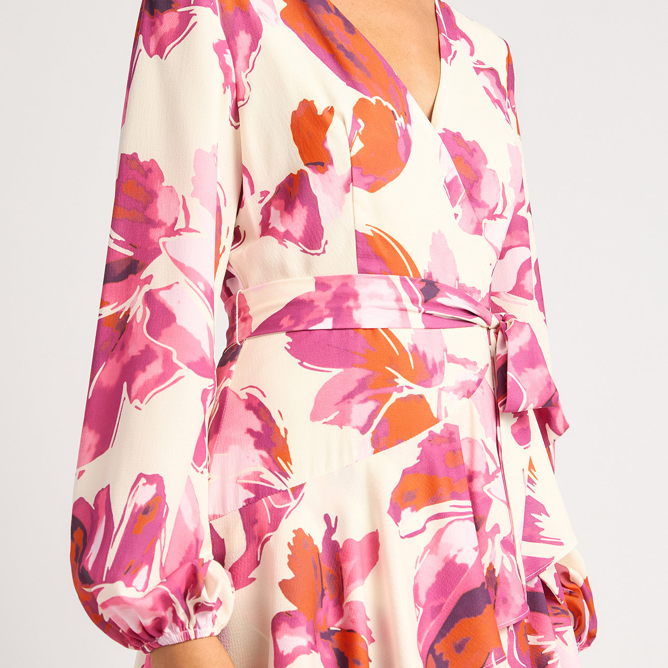 Floral Print Ruffle Hem Dress with Cascade Skirt and Waist Tie