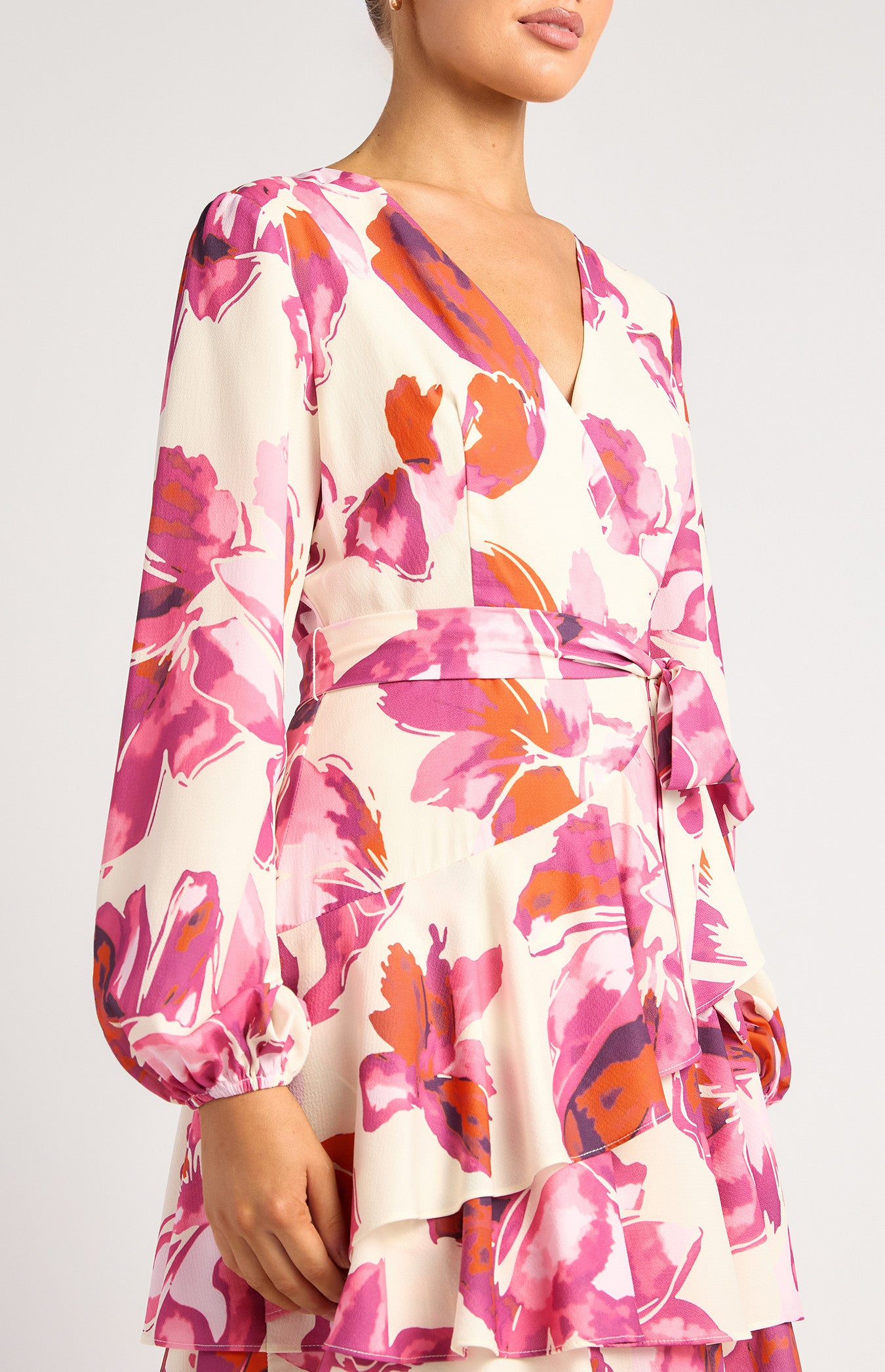Floral Print Ruffle Hem Dress with Cascade Skirt and Waist Tie