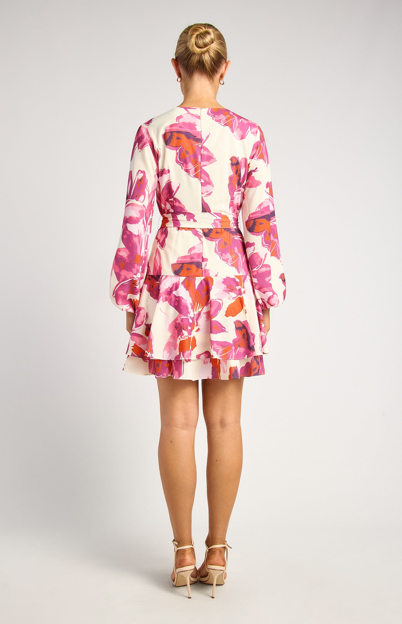 Floral Print Ruffle Hem Dress with Cascade Skirt and Waist Tie