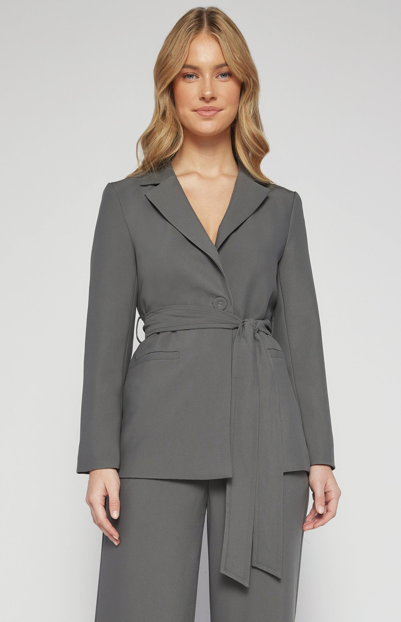 Collared Blazer with Pockets and Tie Belt