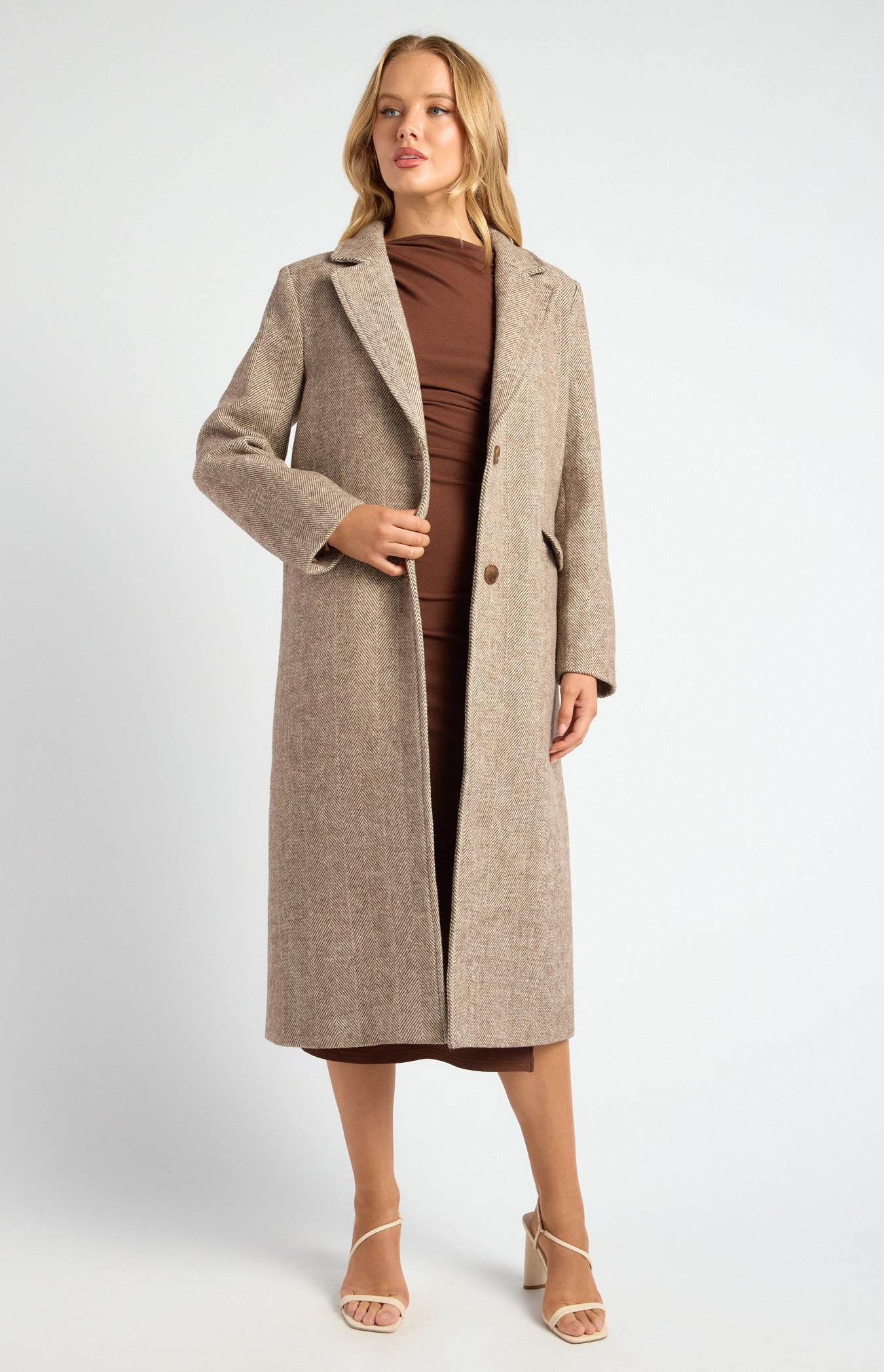 Faux Wool Herringbone Single Breasted Coat with Belt