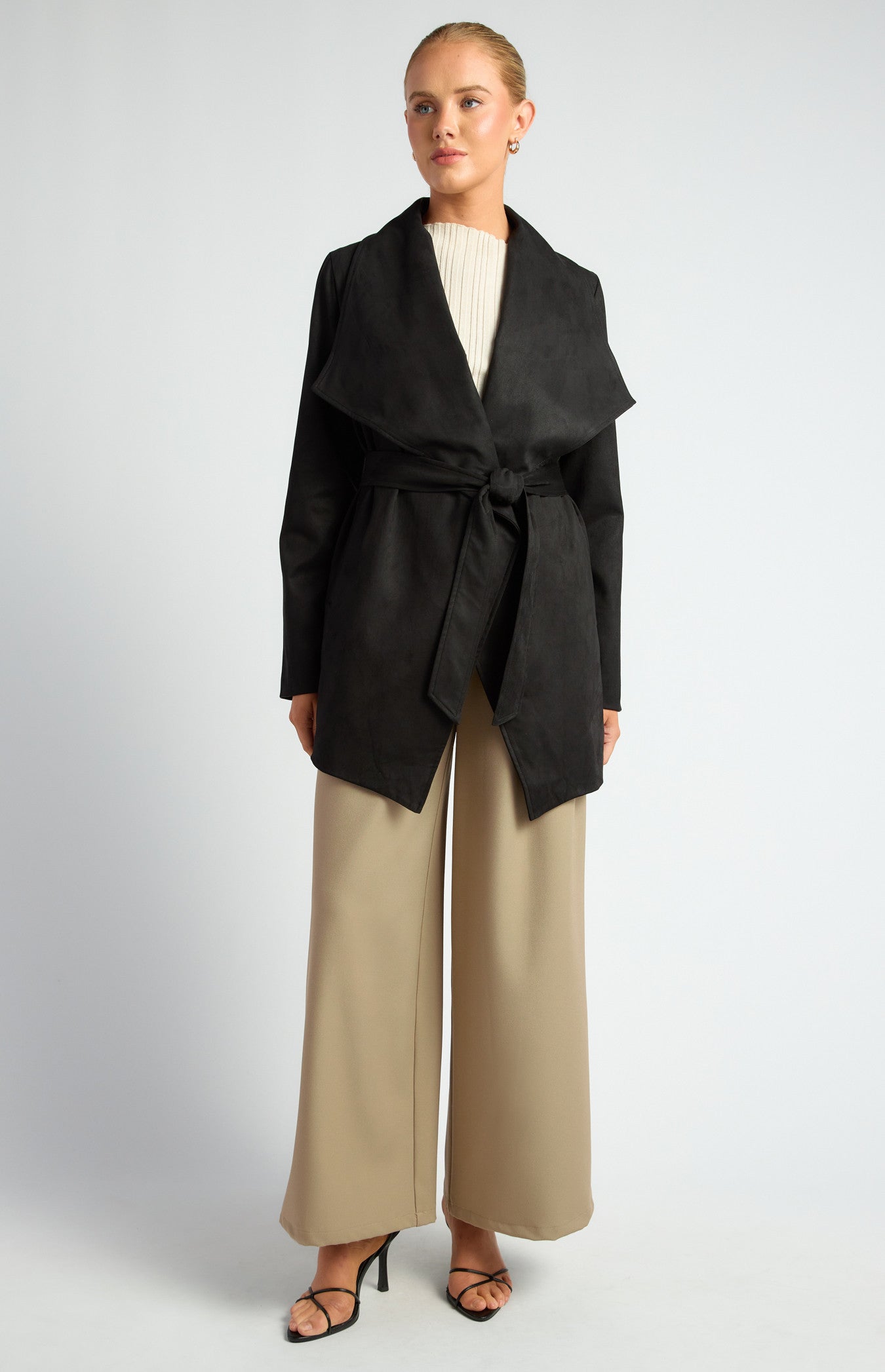Faux Suede Waterfall Jacket with Waist Tie and Pockets