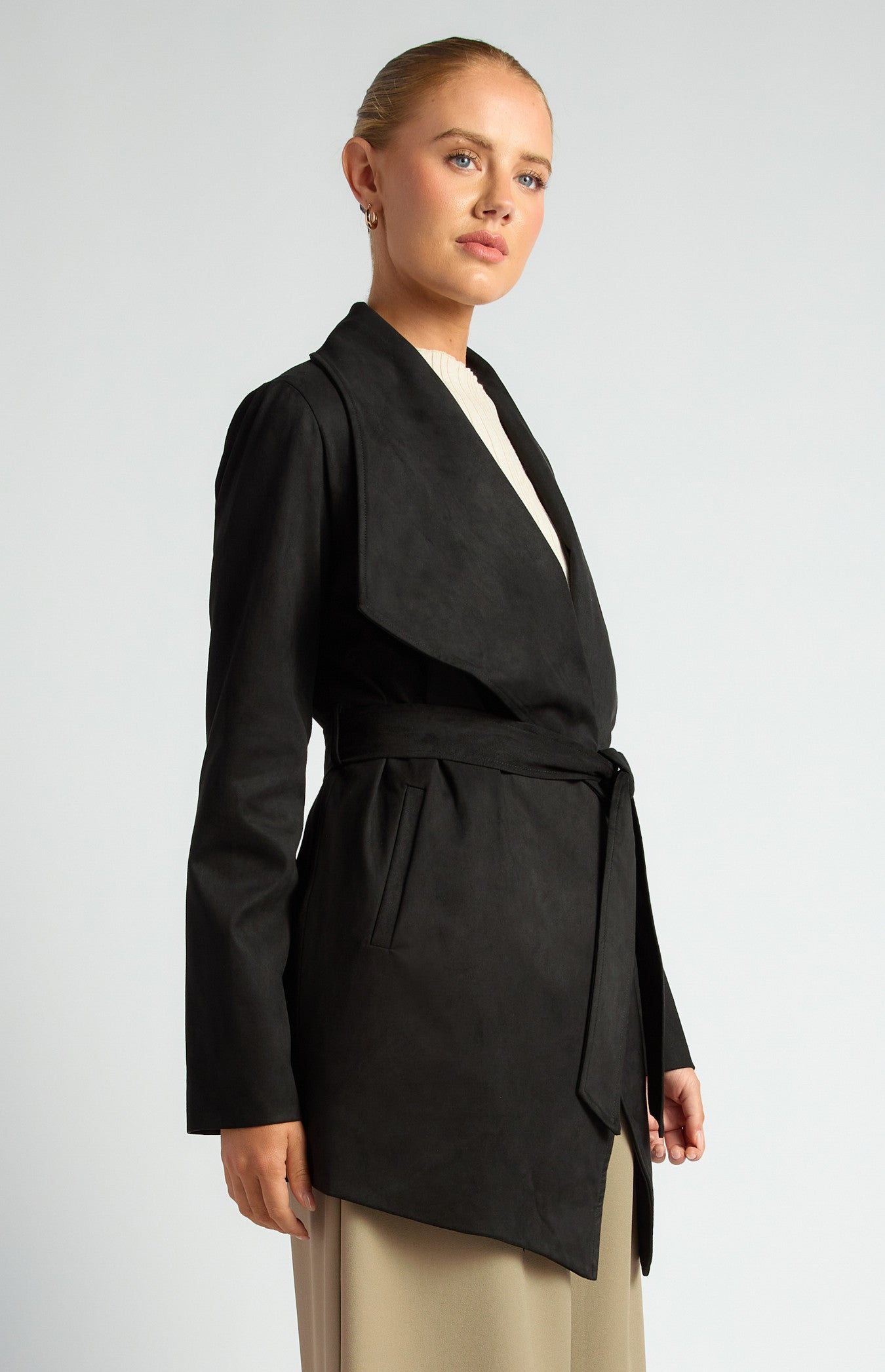 Faux Suede Waterfall Jacket with Waist Tie and Pockets