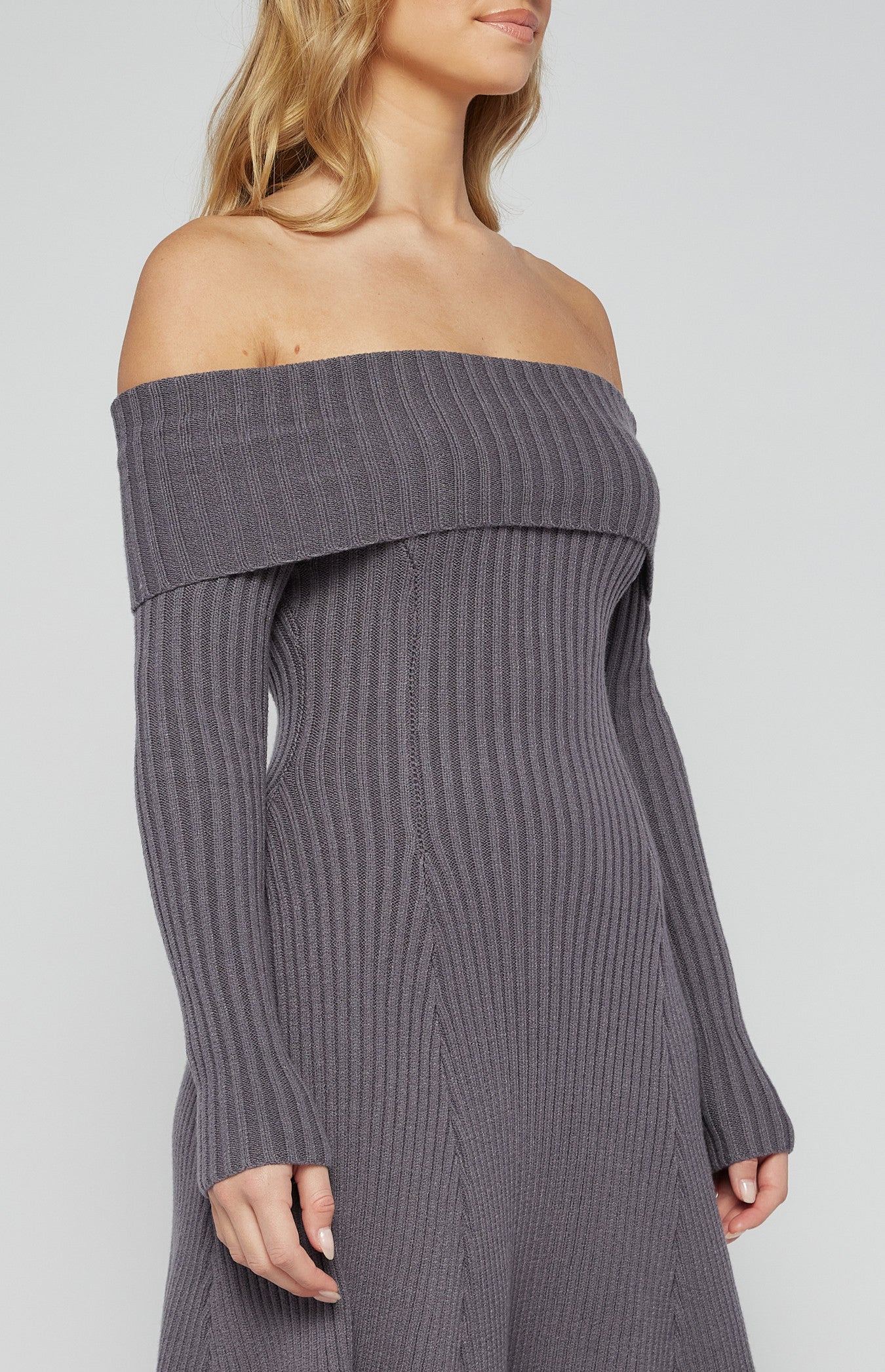 Off Shoulder A-Line Knit Dress with Panel