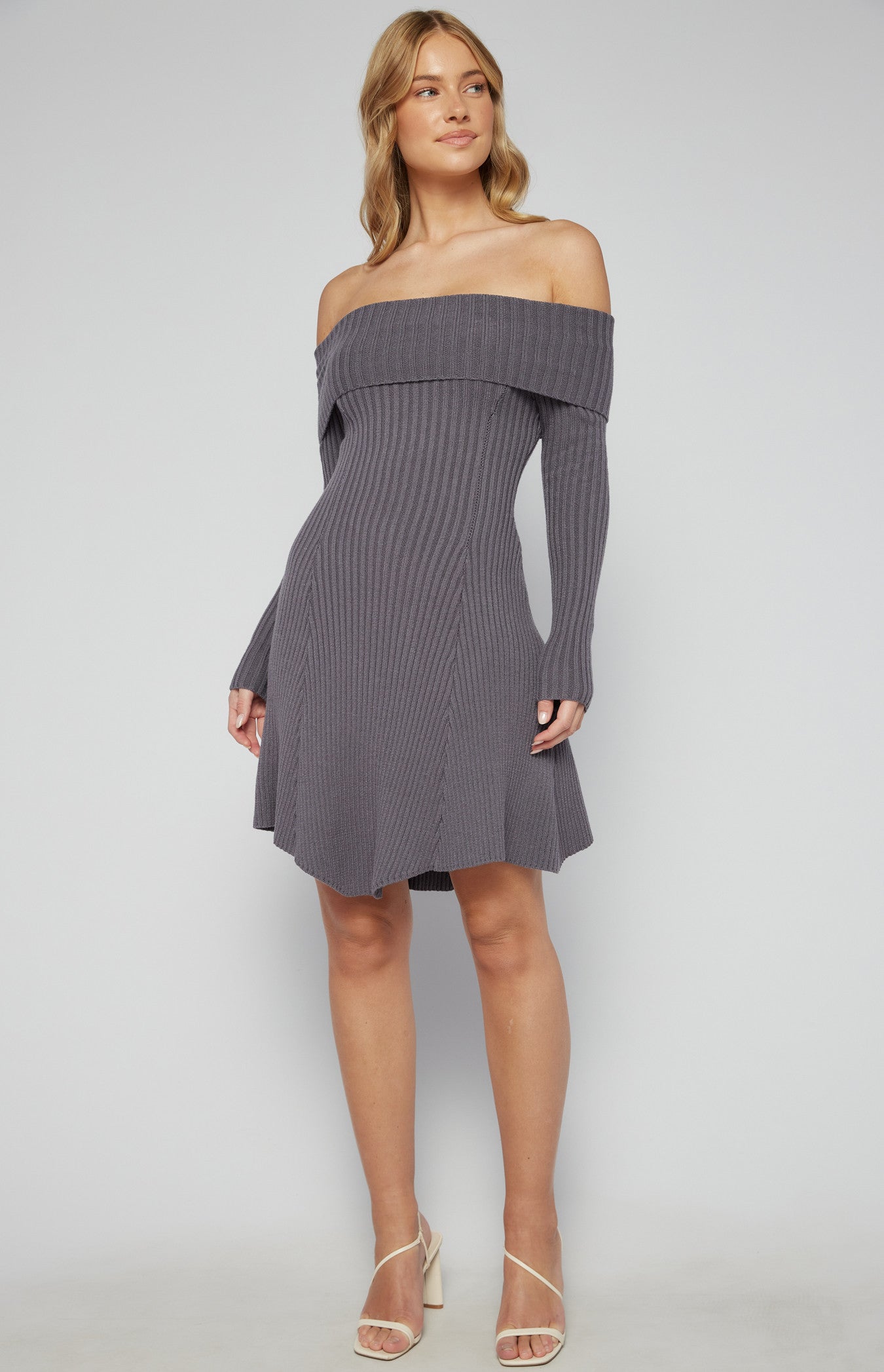 Off Shoulder A-Line Knit Dress with Panel