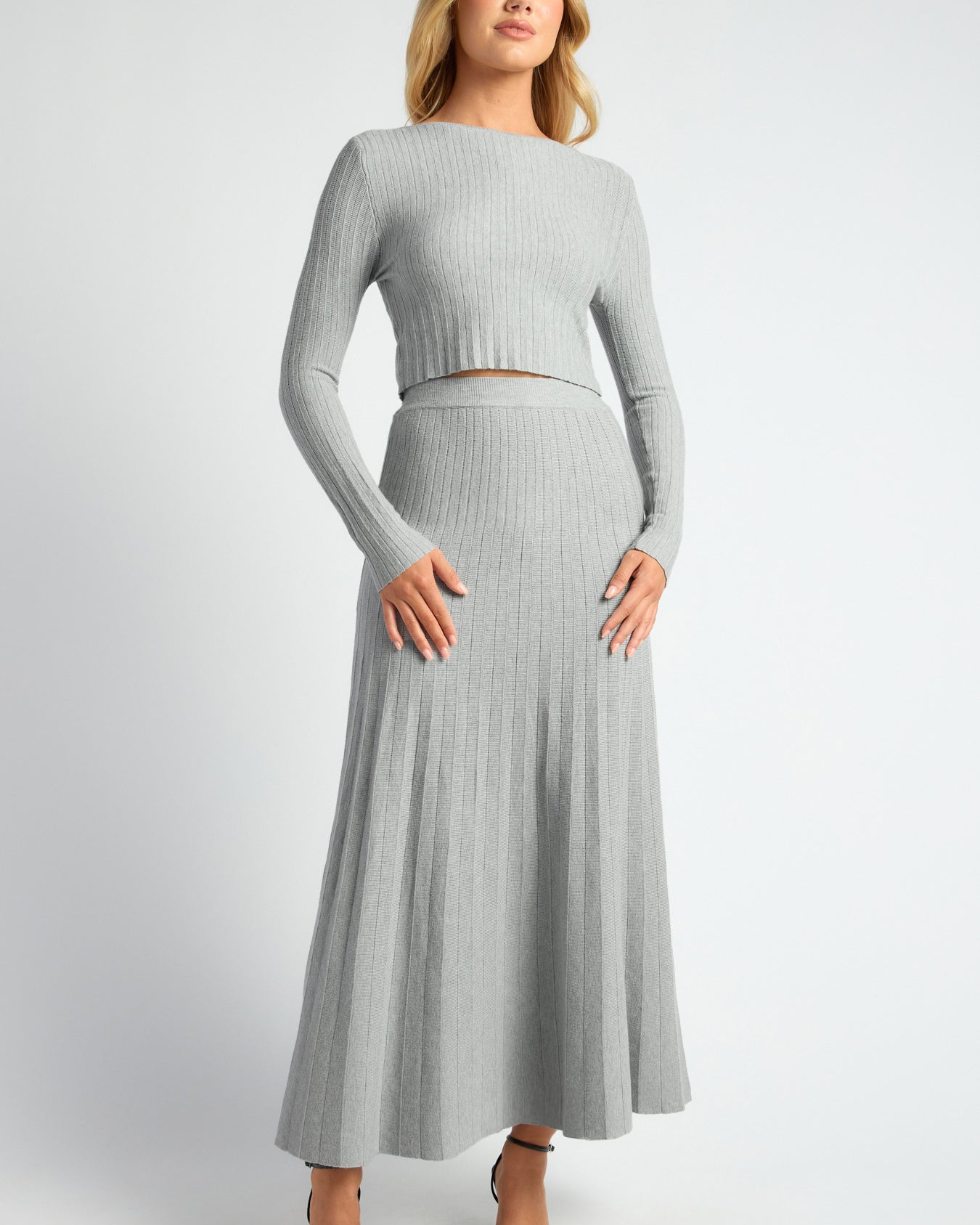 Boat Neckline Top & Pleated A-Line Maxi Skirt Knit Set