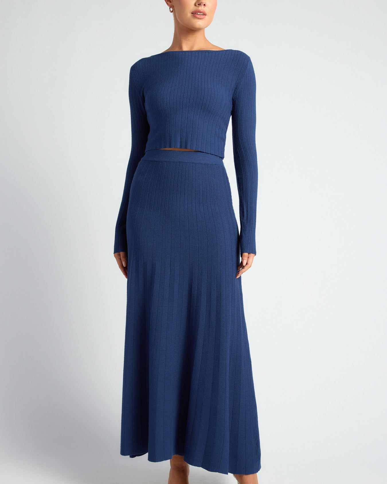 Boat Neckline Top & Pleated A-Line Maxi Skirt Knit Set