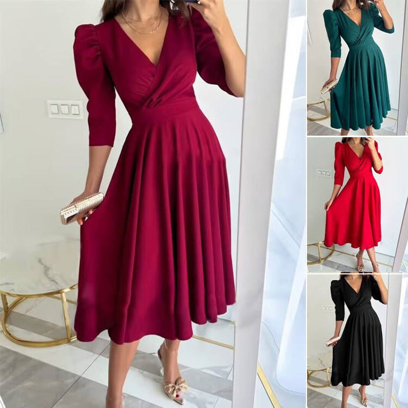 Women's pleated waist-cinching V-neck midi dress