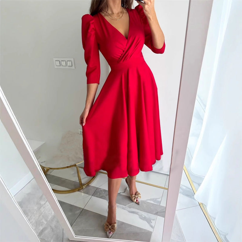 Women's pleated waist-cinching V-neck midi dress