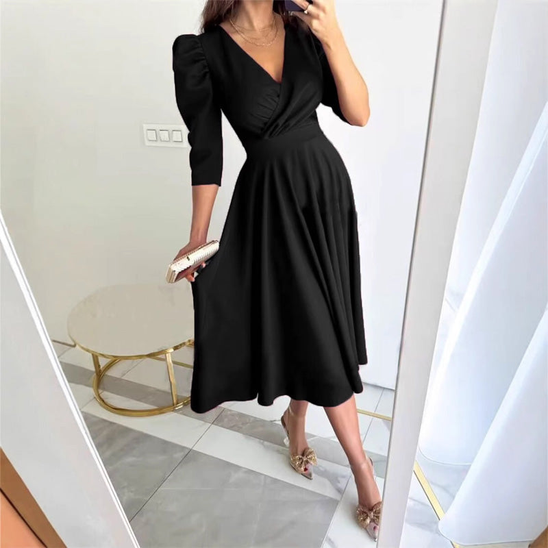 Women's pleated waist-cinching V-neck midi dress