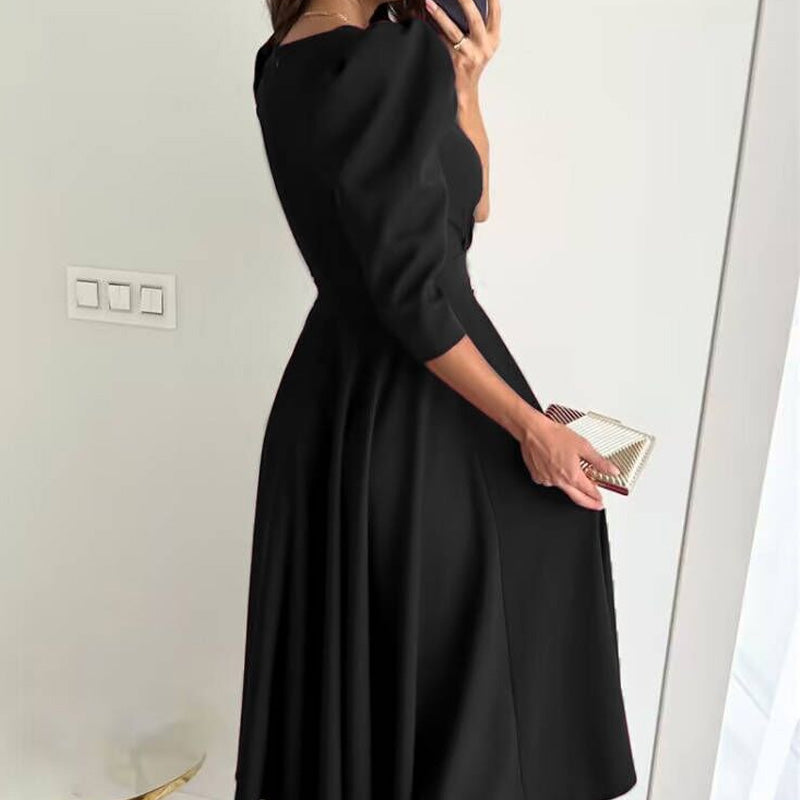 Women's pleated waist-cinching V-neck midi dress
