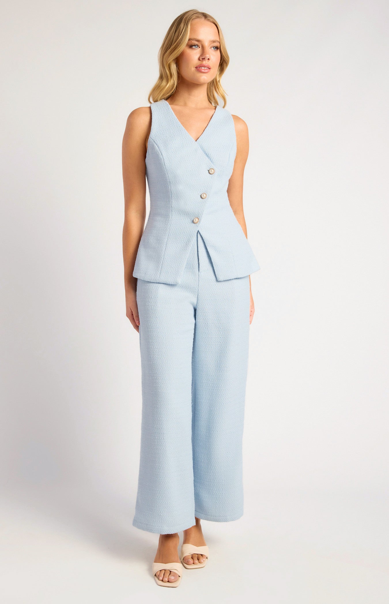 Tweed Asymmetric Top and Pants Set with Pearl Button