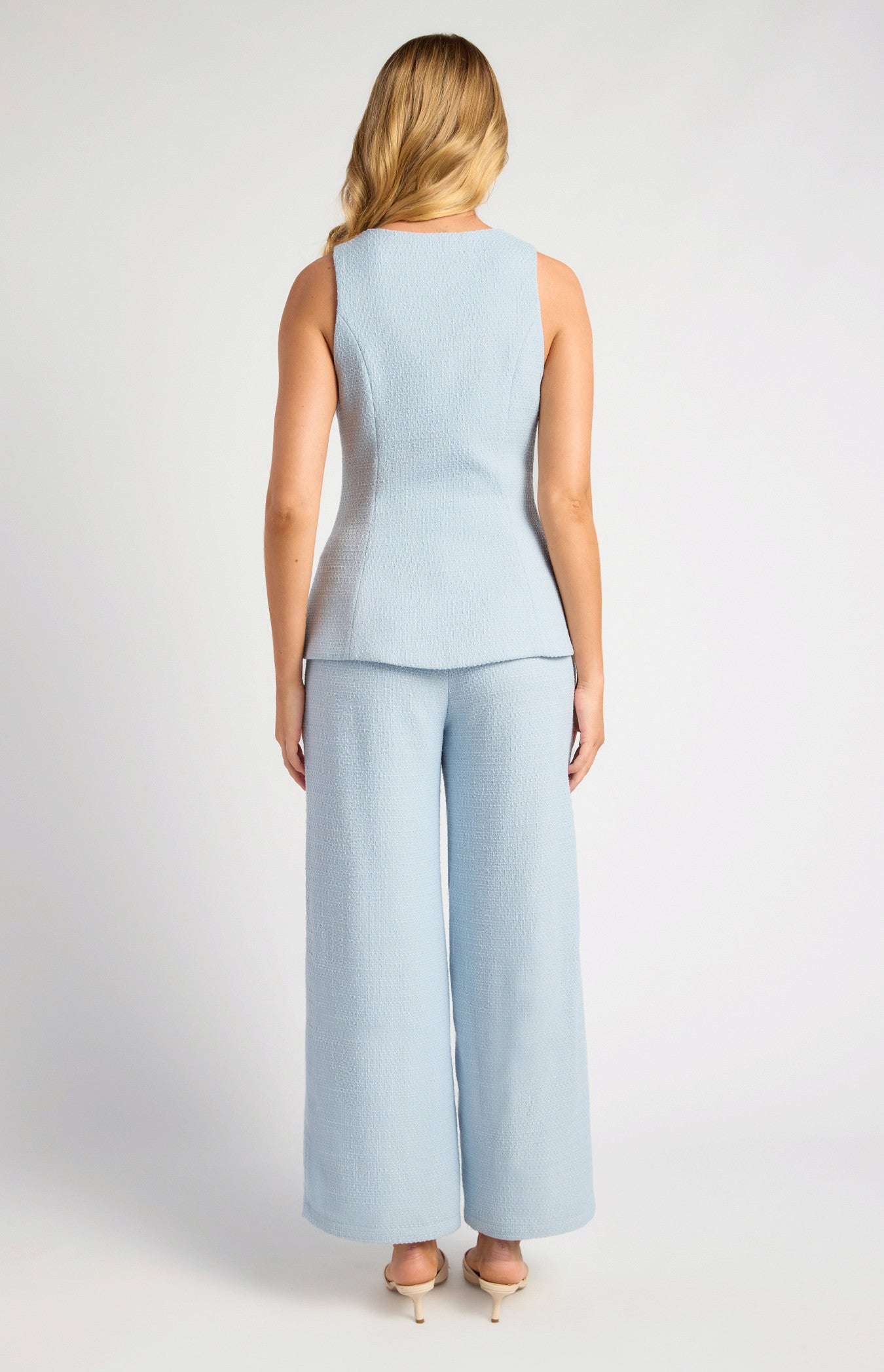 Tweed Asymmetric Top and Pants Set with Pearl Button