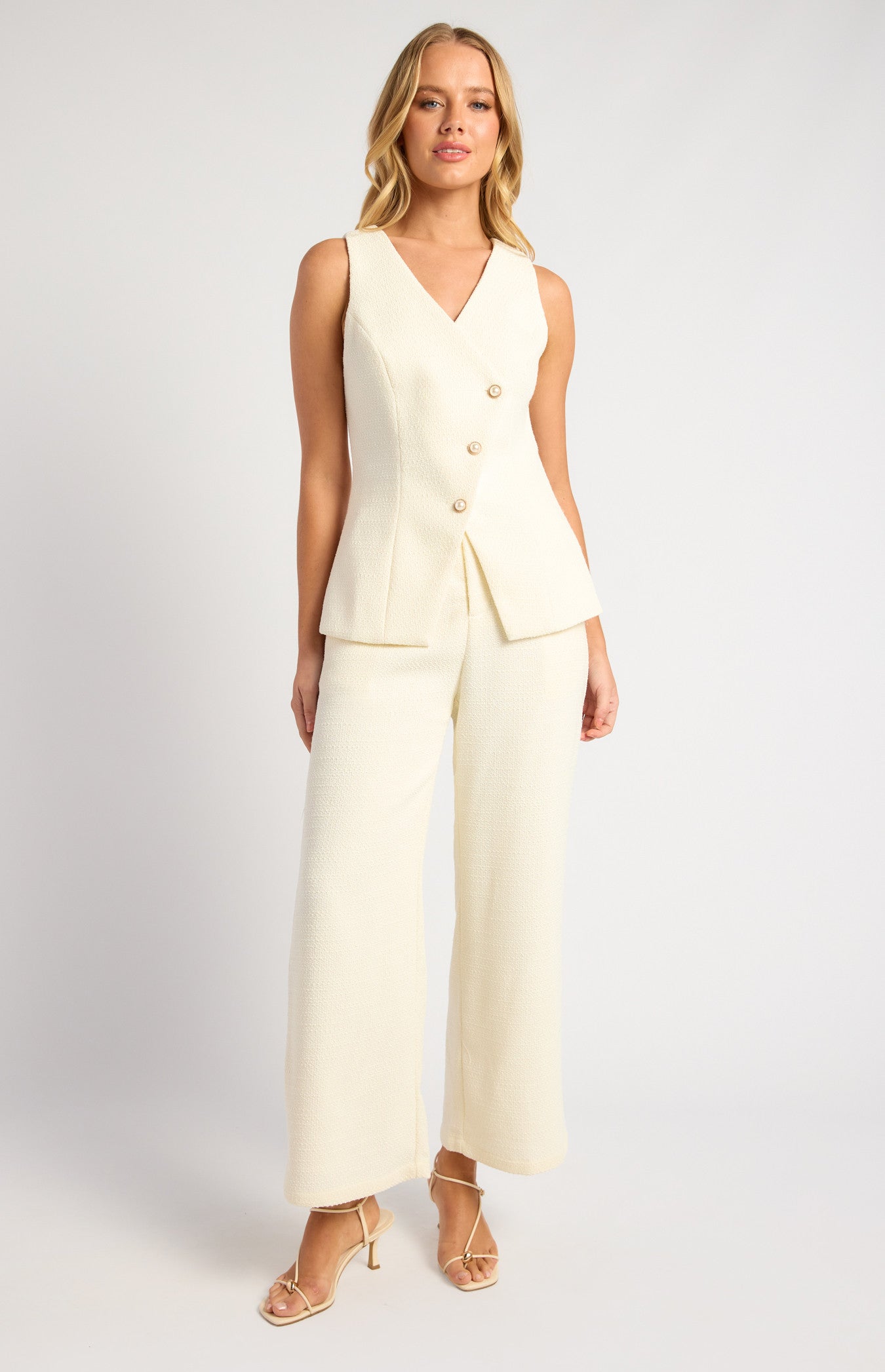 Tweed Asymmetric Top and Pants Set with Pearl Button