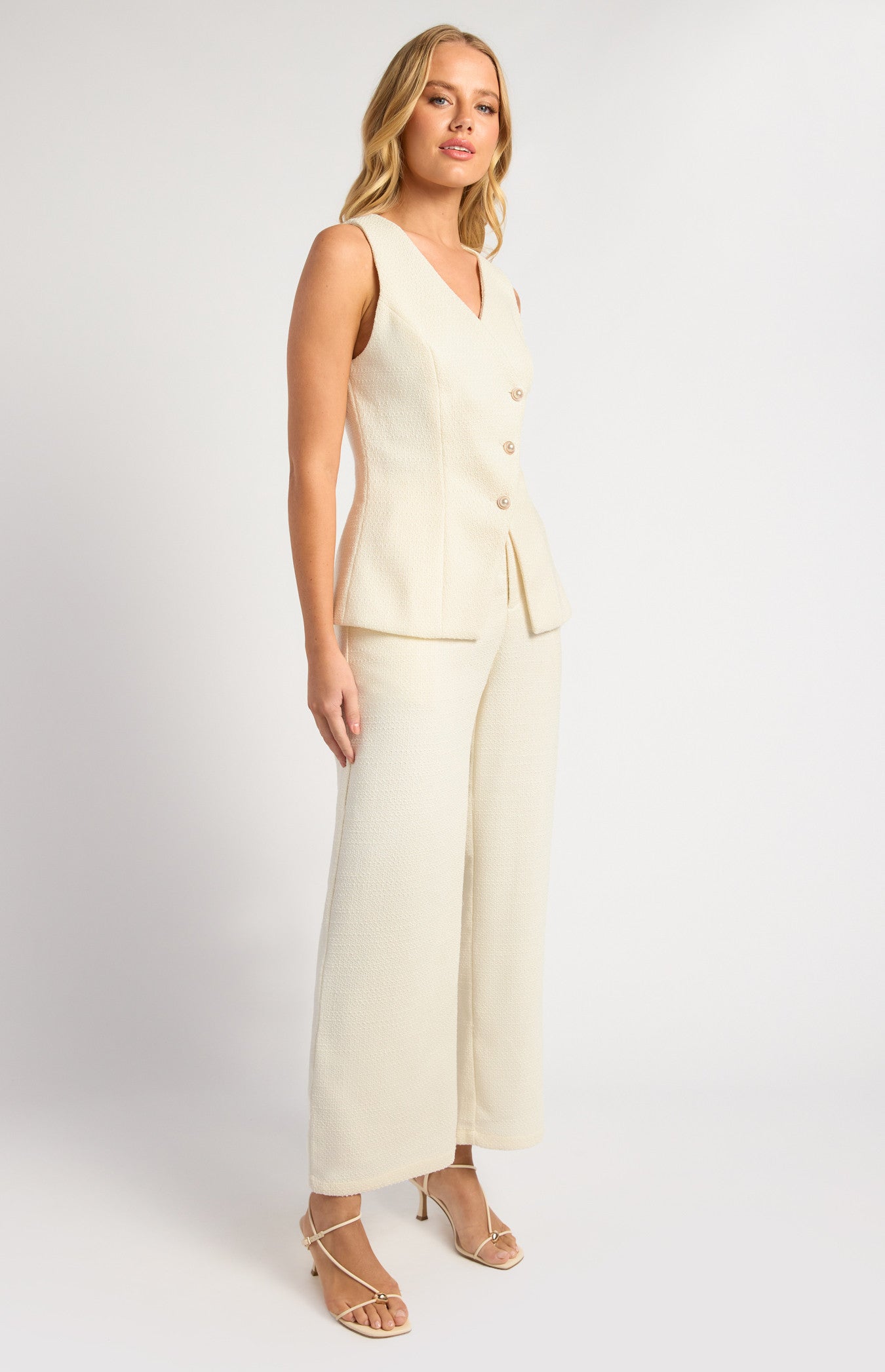 Tweed Asymmetric Top and Pants Set with Pearl Button