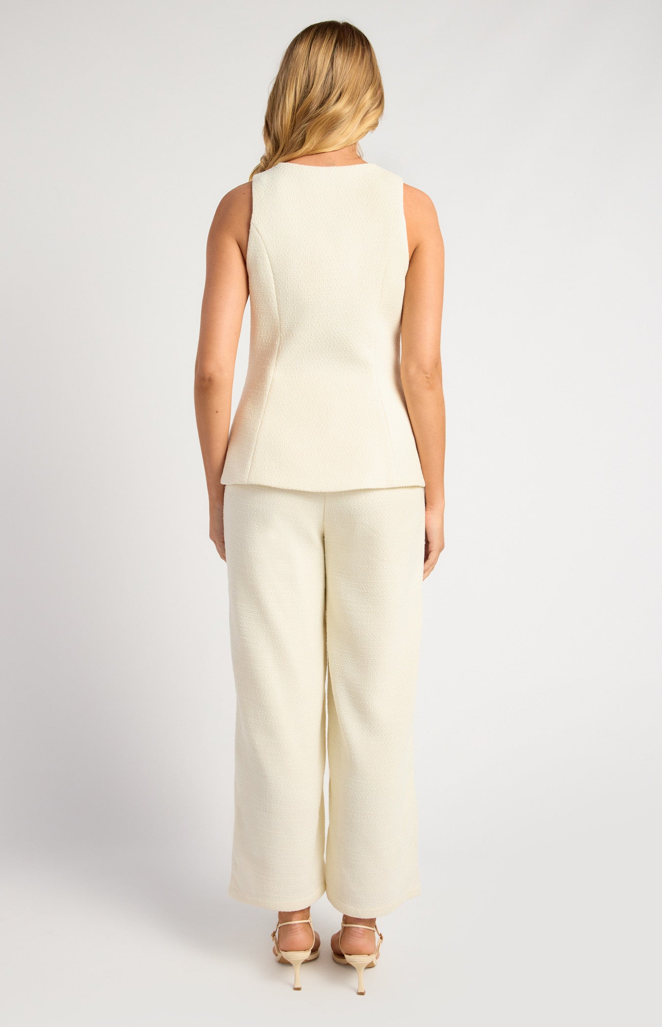 Tweed Asymmetric Top and Pants Set with Pearl Button