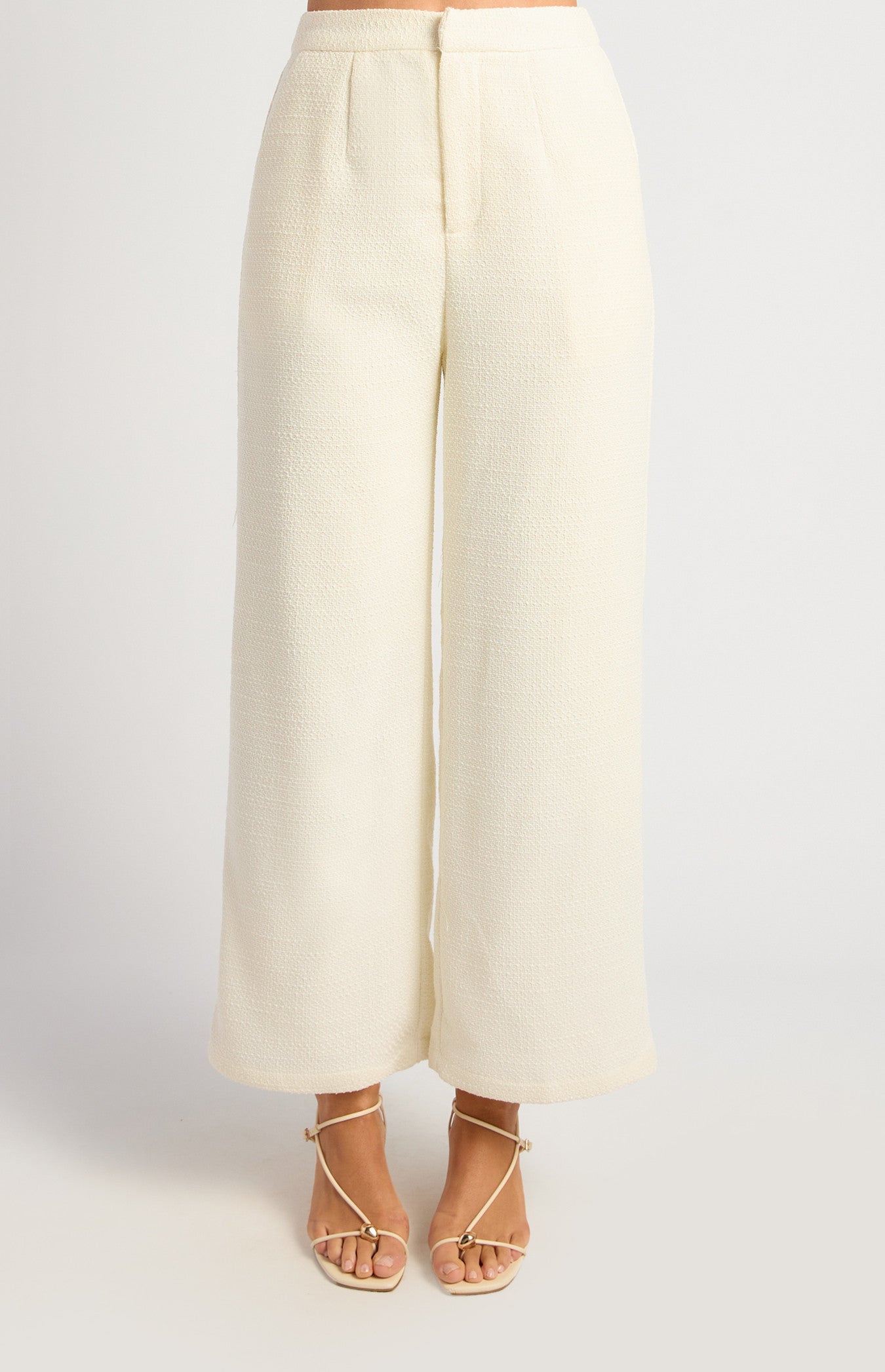 Tweed Asymmetric Top and Pants Set with Pearl Button
