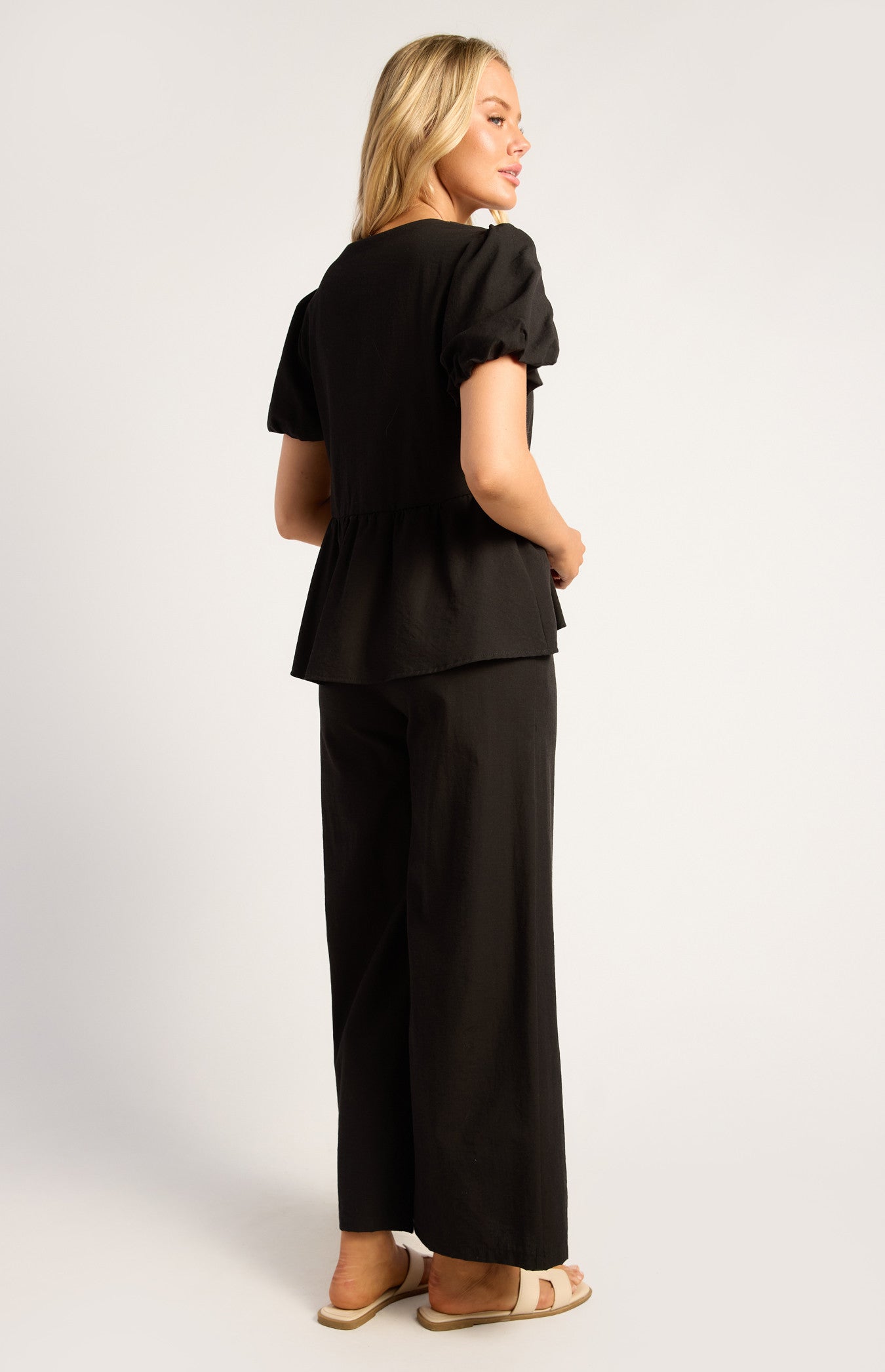 Bubble Sleeve Top And Pants Set With Oversized Button