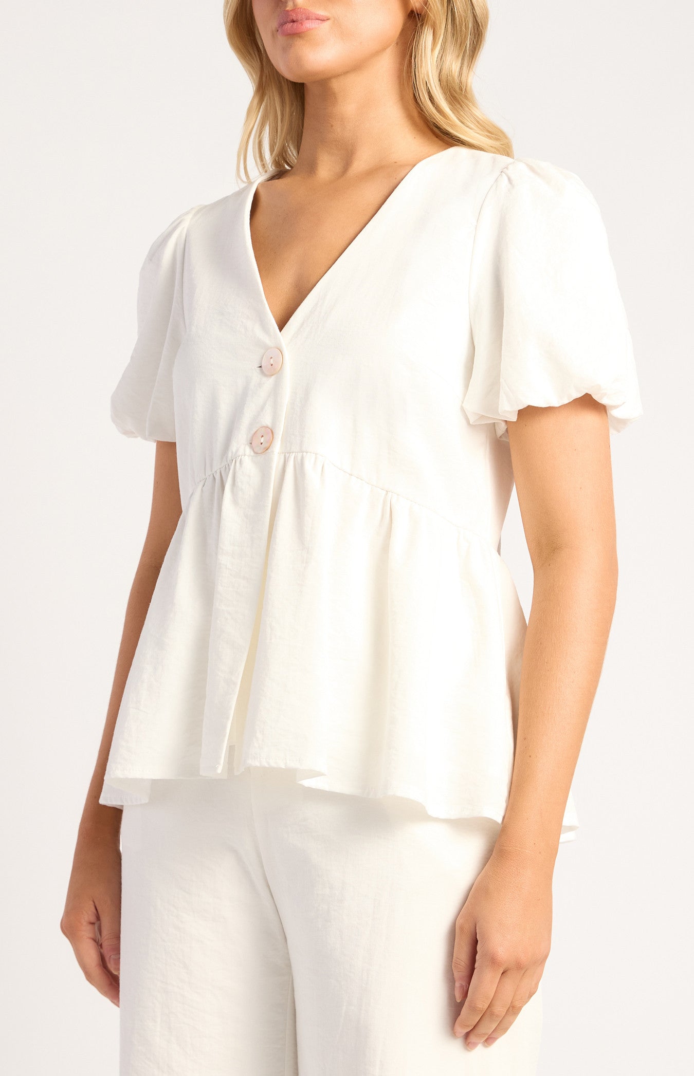 Bubble Sleeve Top And Pants Set With Oversized Button